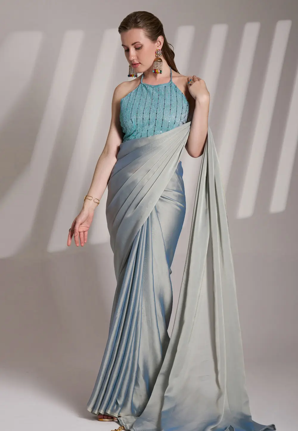 Grey Satin Saree With Blouse 304532