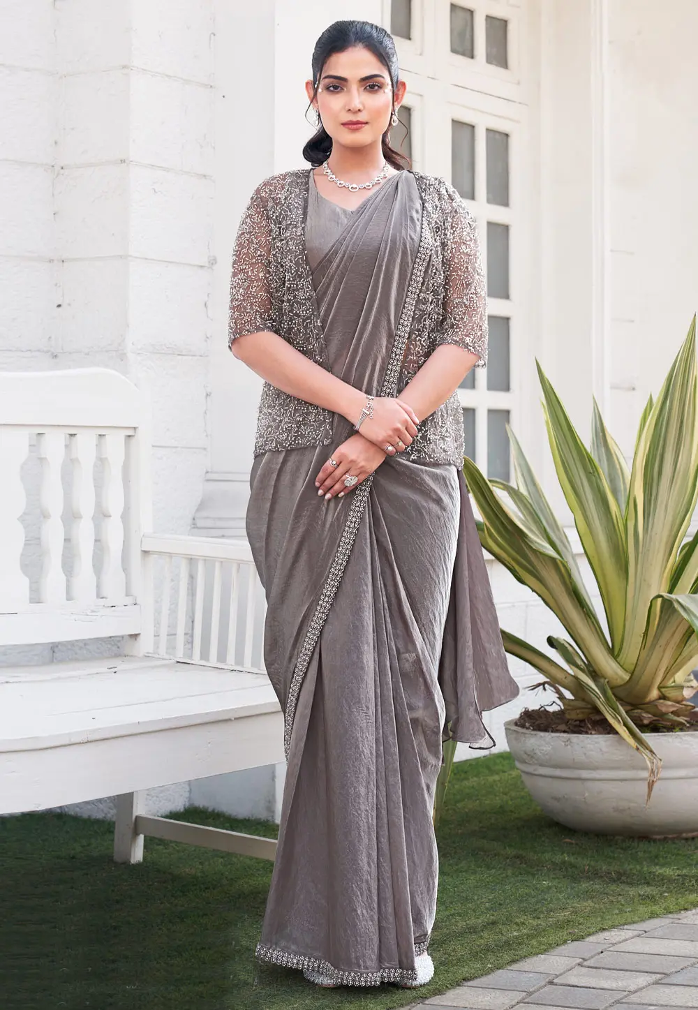 Grey Satin Silk Designer Lehenga Saree 304551