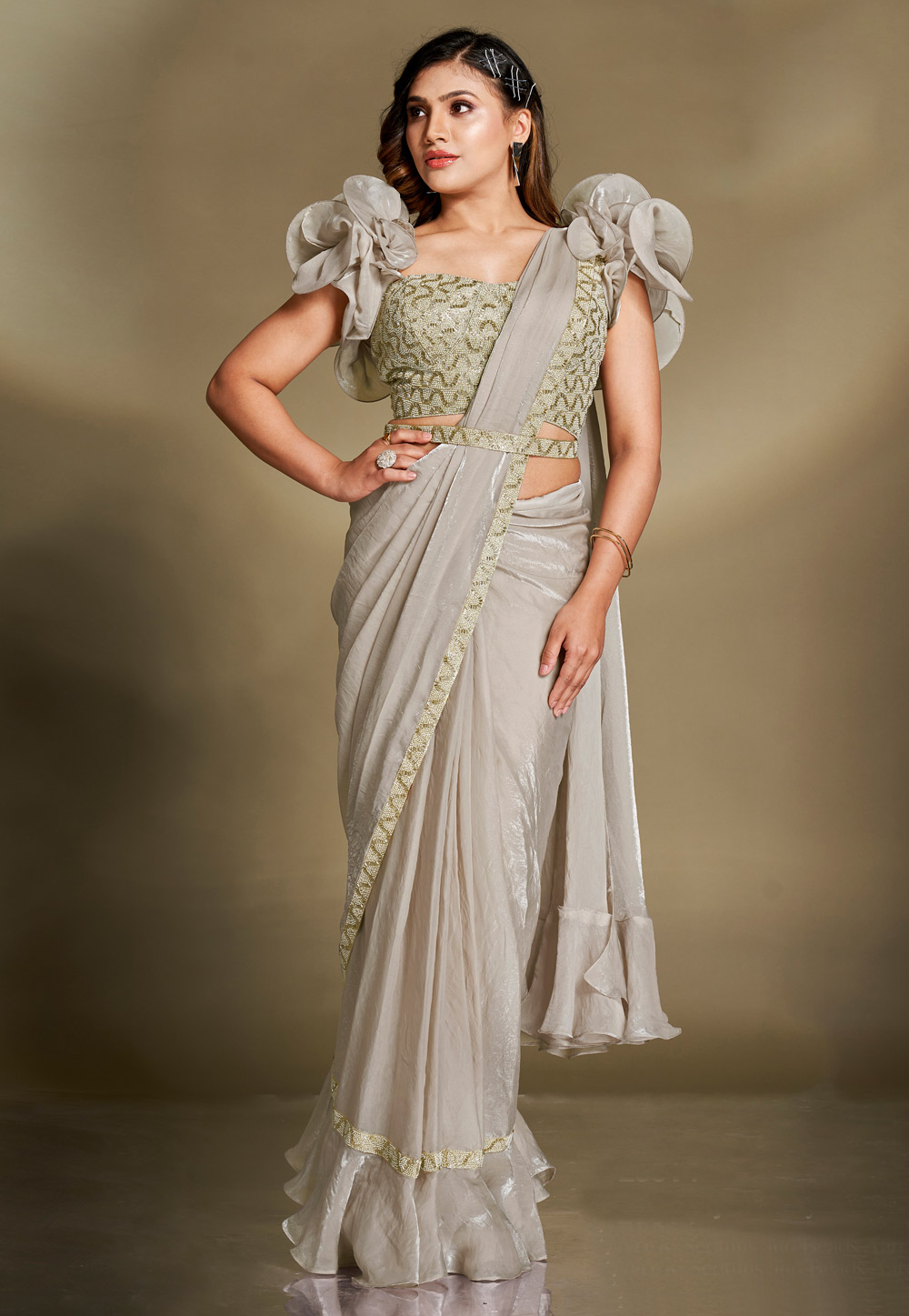 Grey Satin Silk Designer Saree 309649