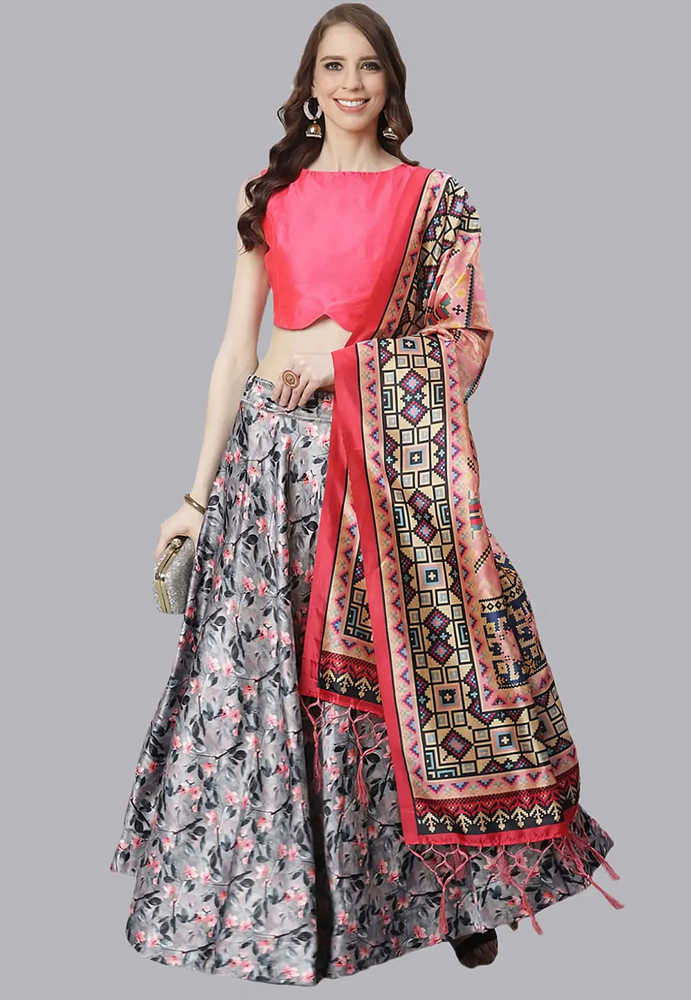 Grey Satin Silk Floral Lehenga choli 297140