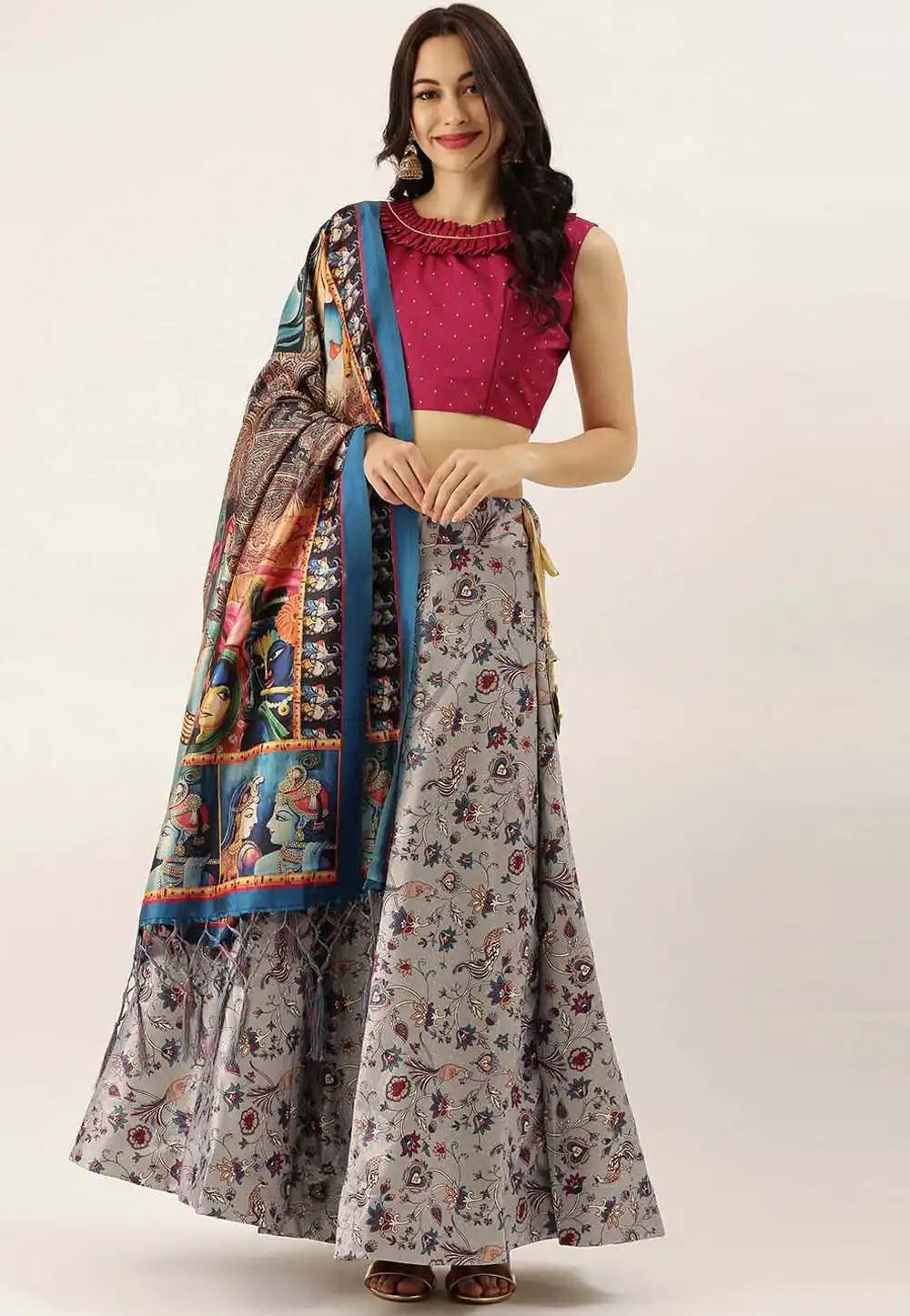 Grey Satin Silk Floral Lehenga choli 292478