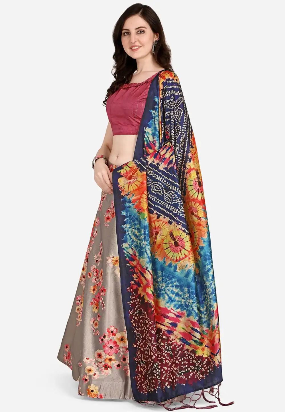 Grey Satin Silk Floral print Lehenga choli 292280