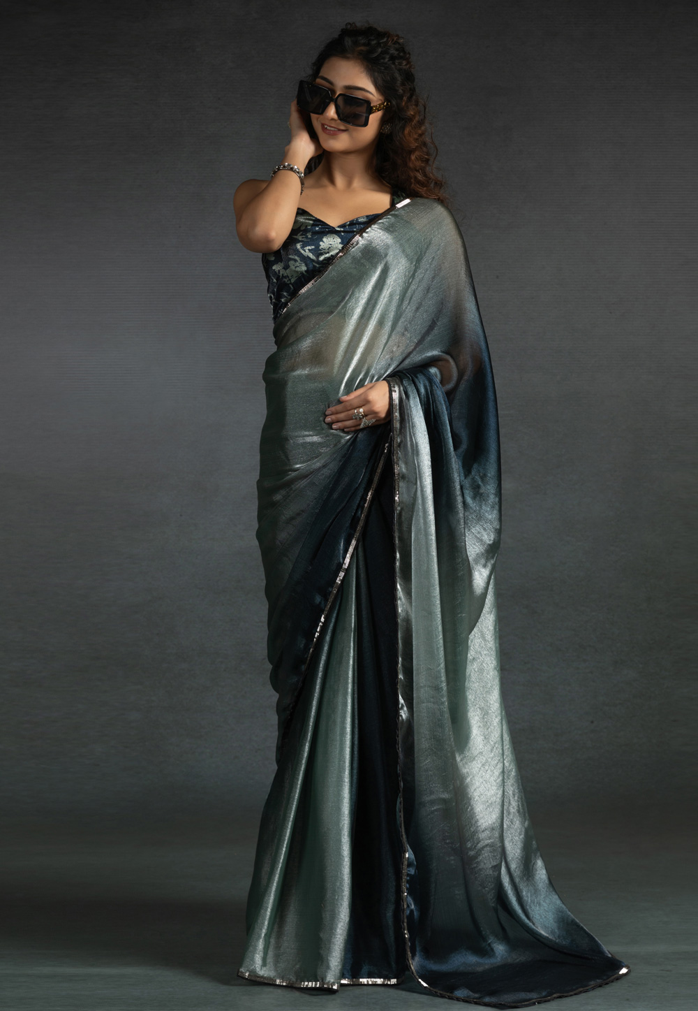 Grey Satin Silk Half N Half Saree 309374