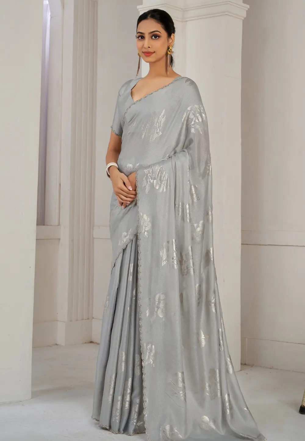 Grey Satin Silk Saree With Blouse 299235