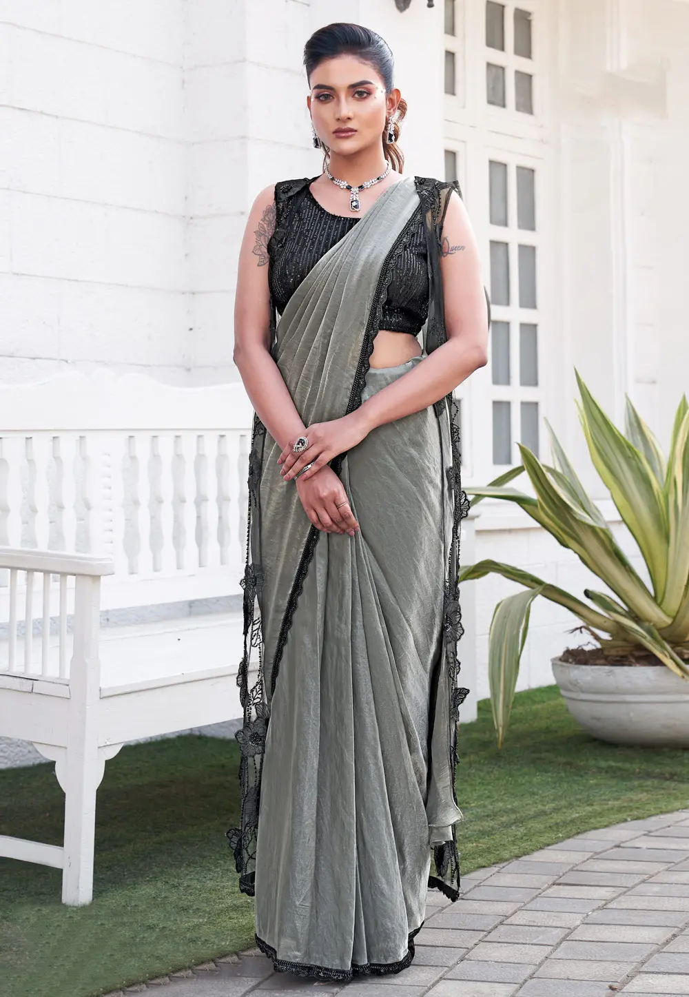 Grey Satin Silk Saree With Blouse 304552