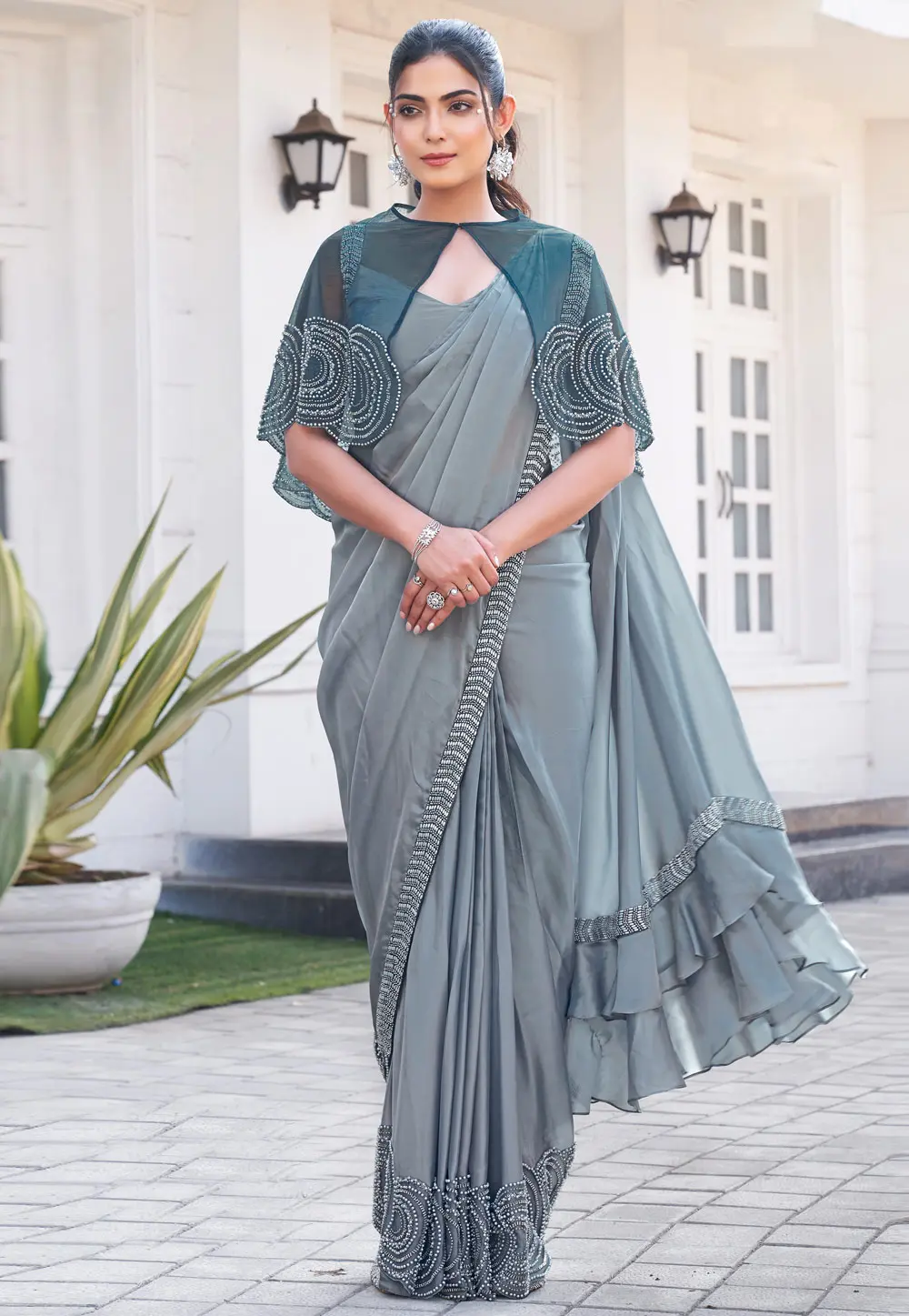 Grey Satin Silk Saree With Blouse 304554