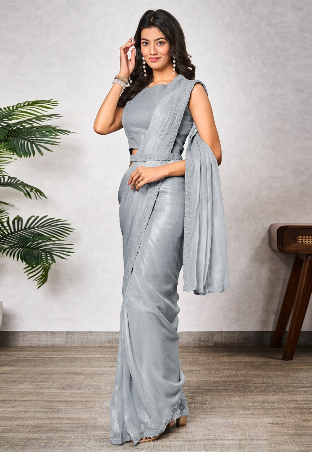 Grey Shimmer Georgette Saree With Blouse 309420