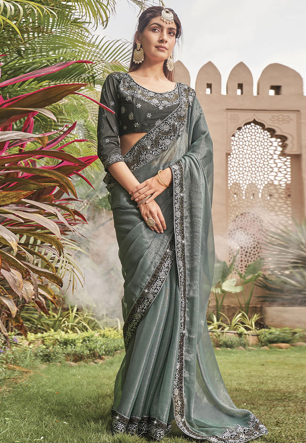 Grey Shimmer Saree With Blouse 279899