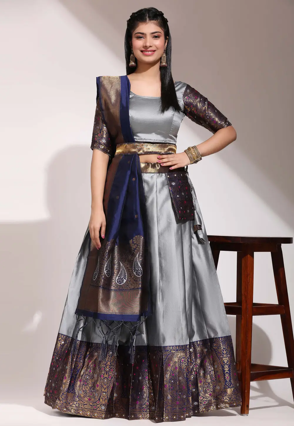 Grey Silk A Line Lehenga Choli 296124