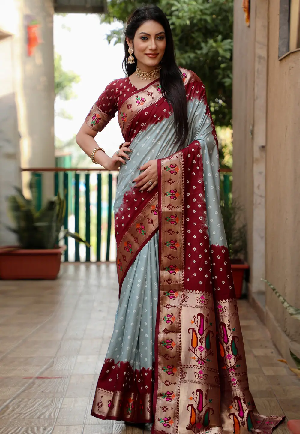 Grey Silk Bandhani Print Saree 295696