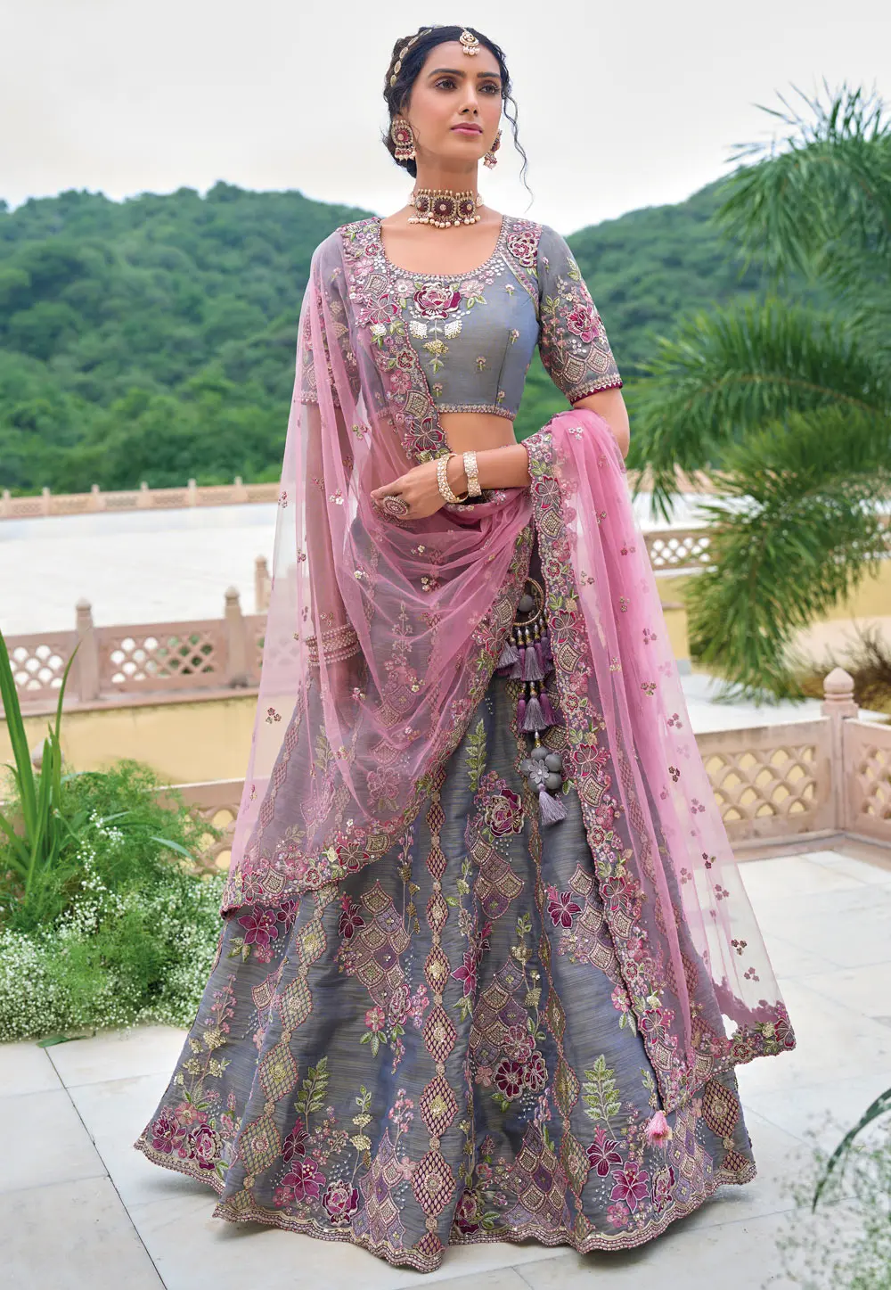 Grey Silk Circular Lehenga Choli 298232