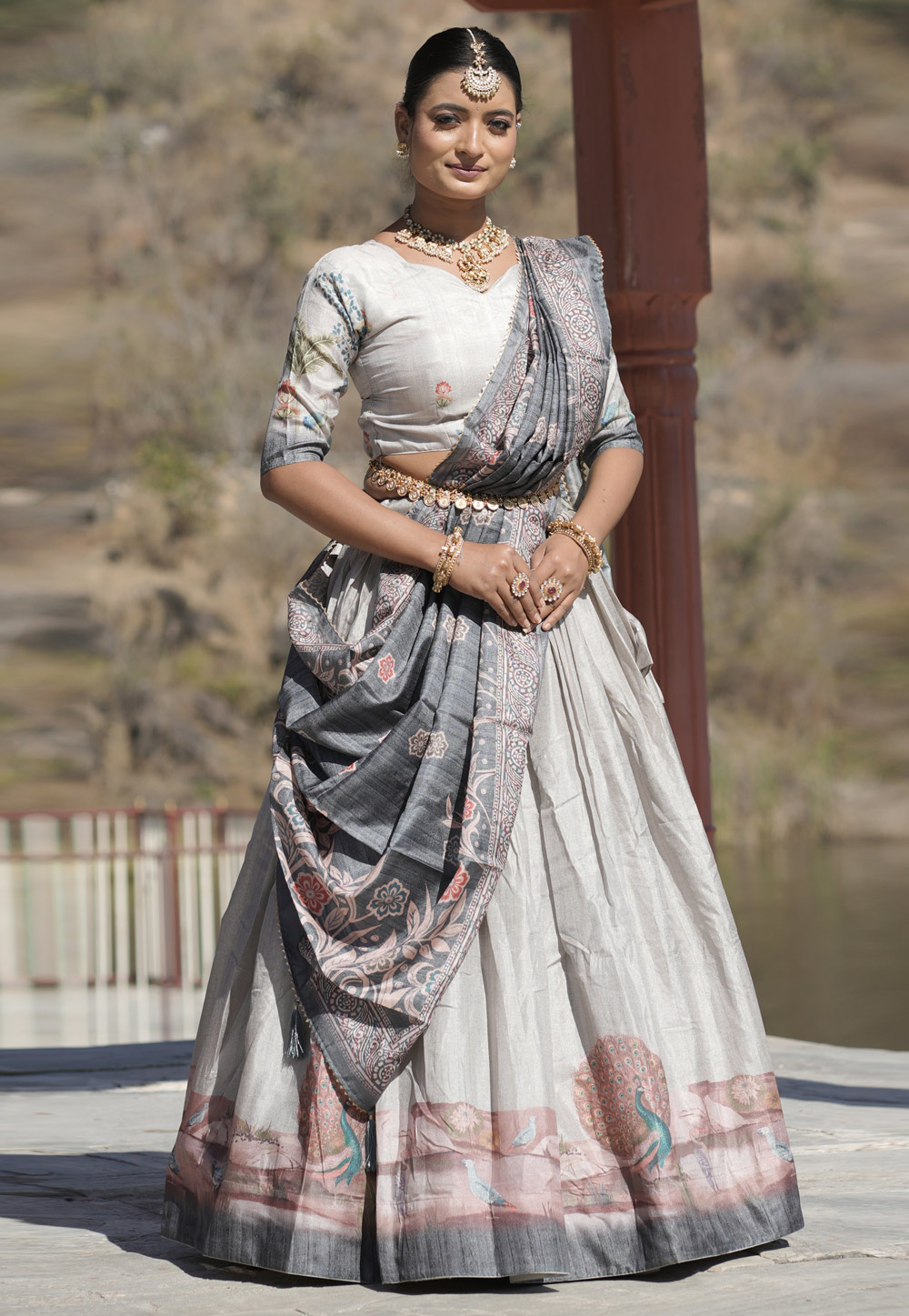 Grey Silk Circular Lehenga Choli 308968