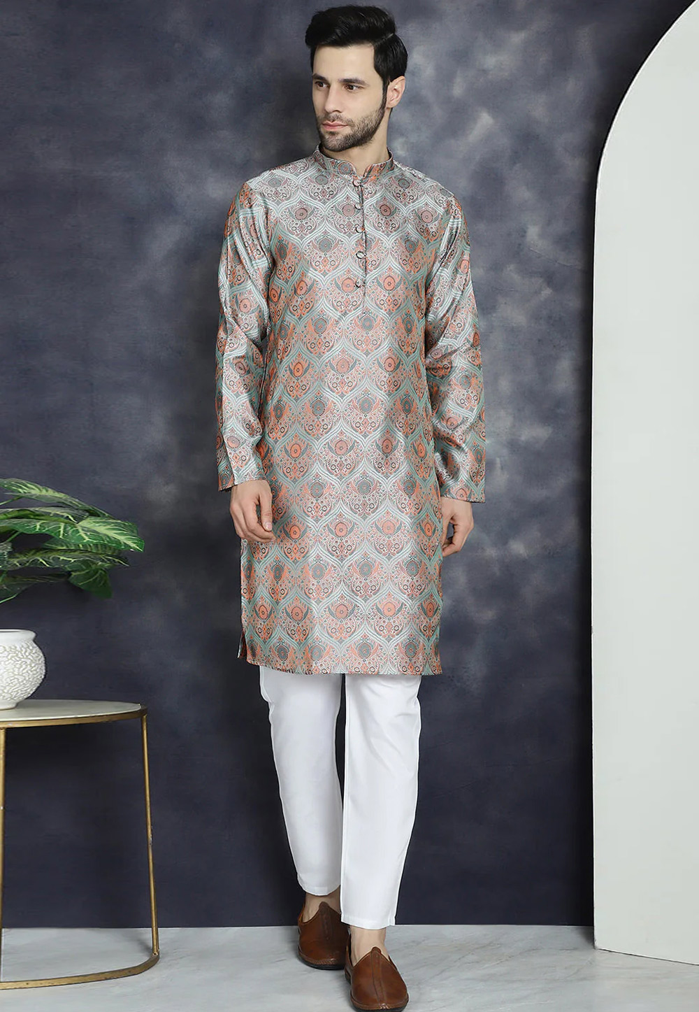 Grey Silk Cotton Kurta Pajama 287505