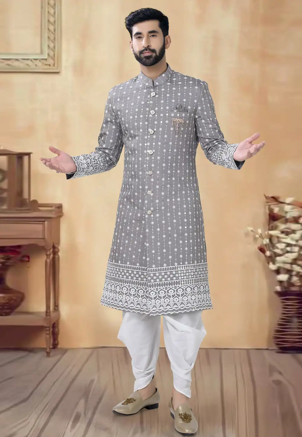 Grey Silk Dhoti Sherwani 292401