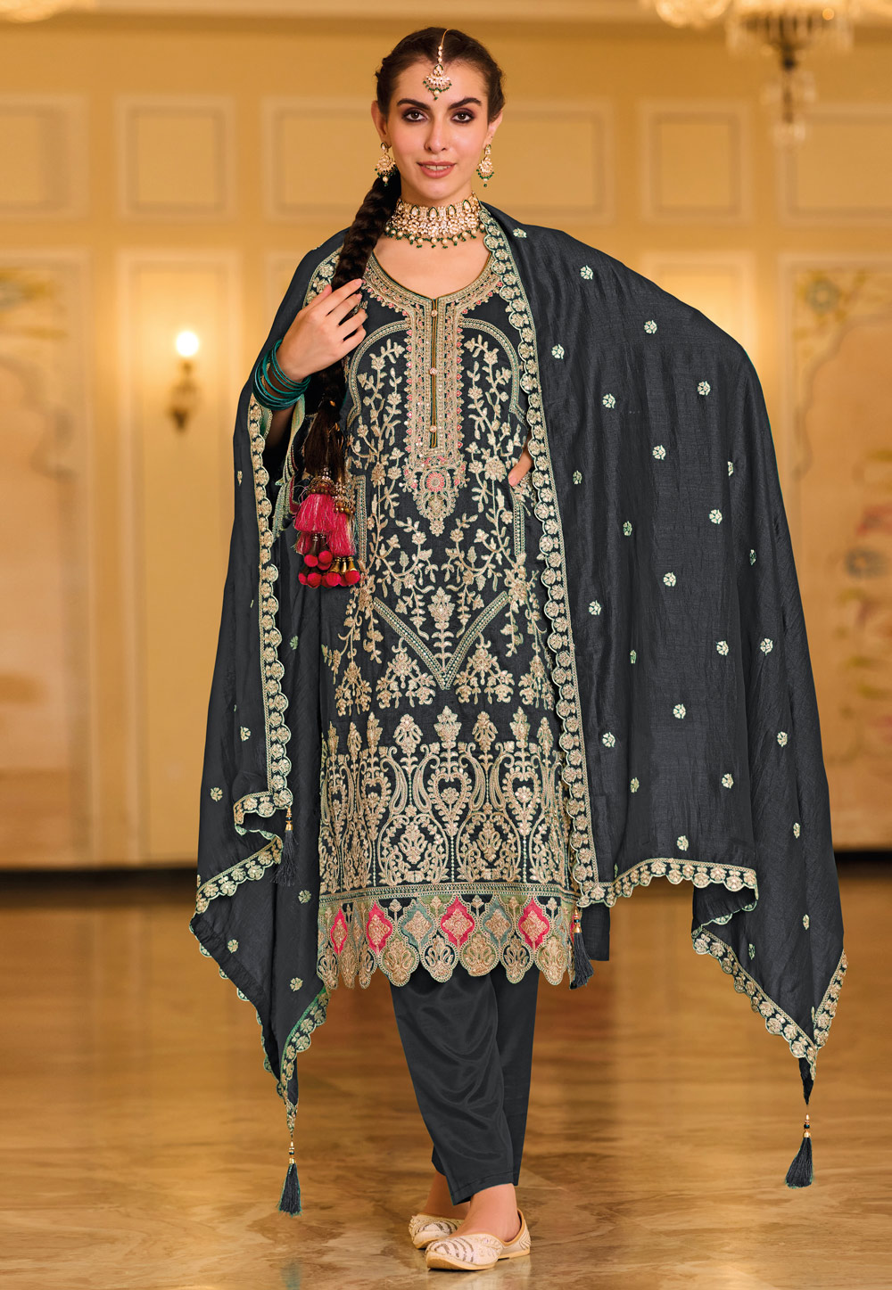 Grey Silk Embroidered Pant Style Suit 281275