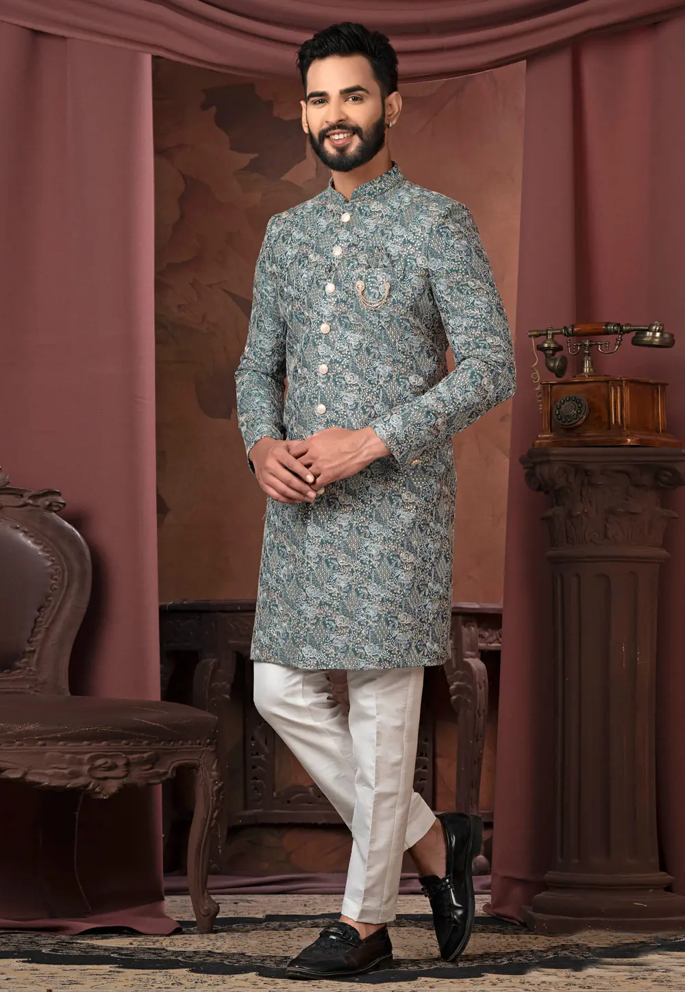 Grey Silk Indo Western Sherwani 302441