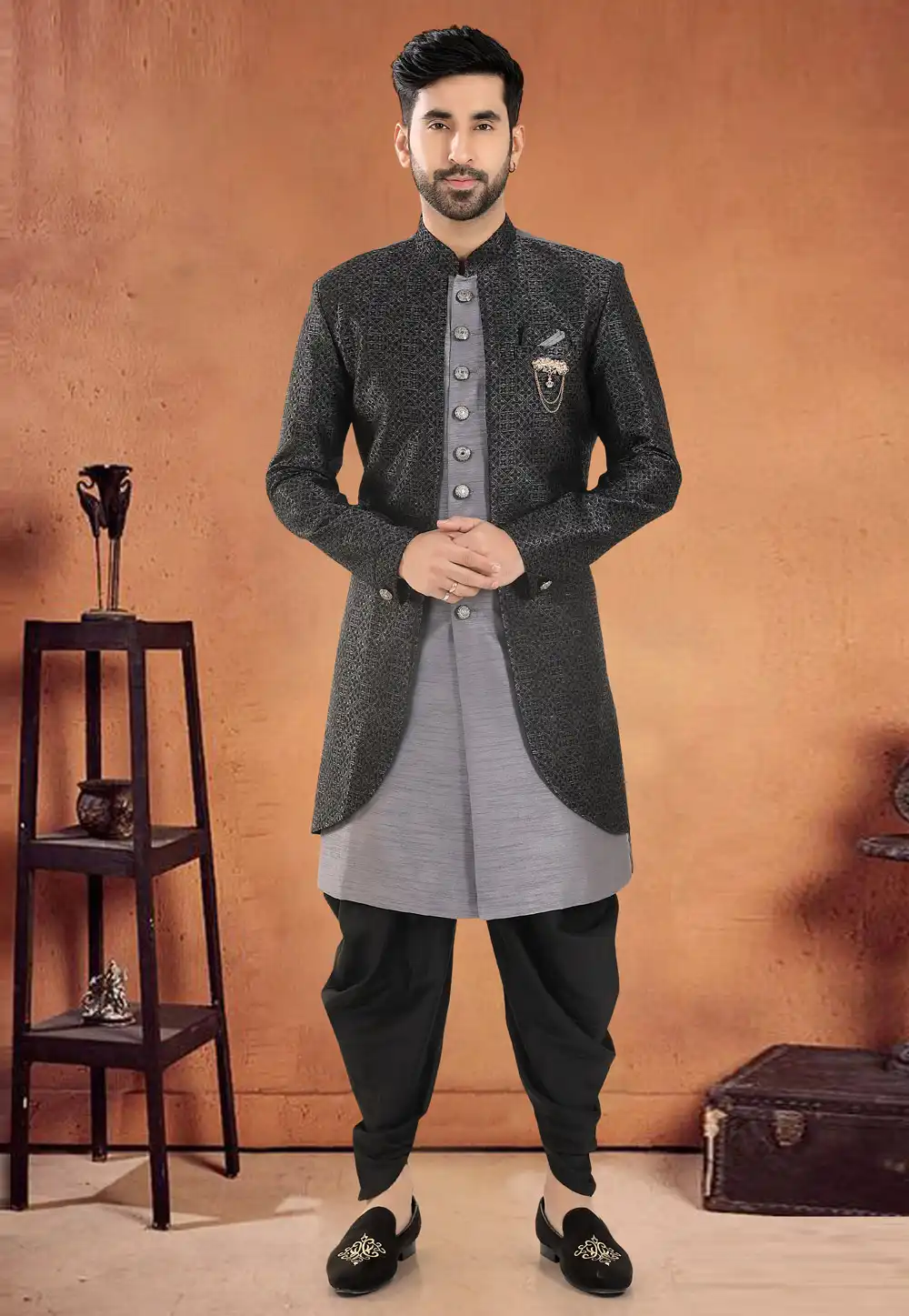 Grey Silk Indo Western Suit 290597