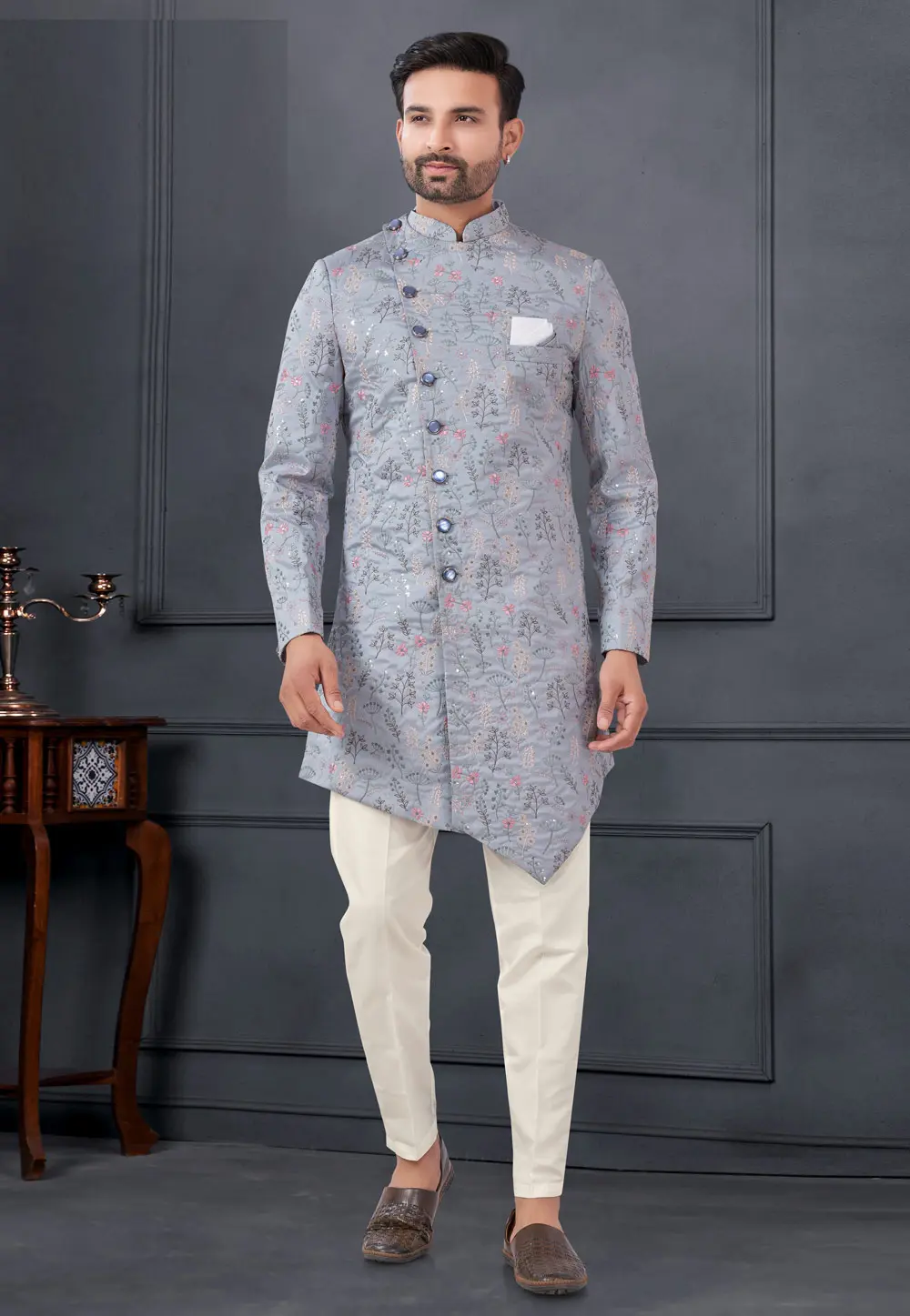 Grey Silk Indo Western Suit 297701