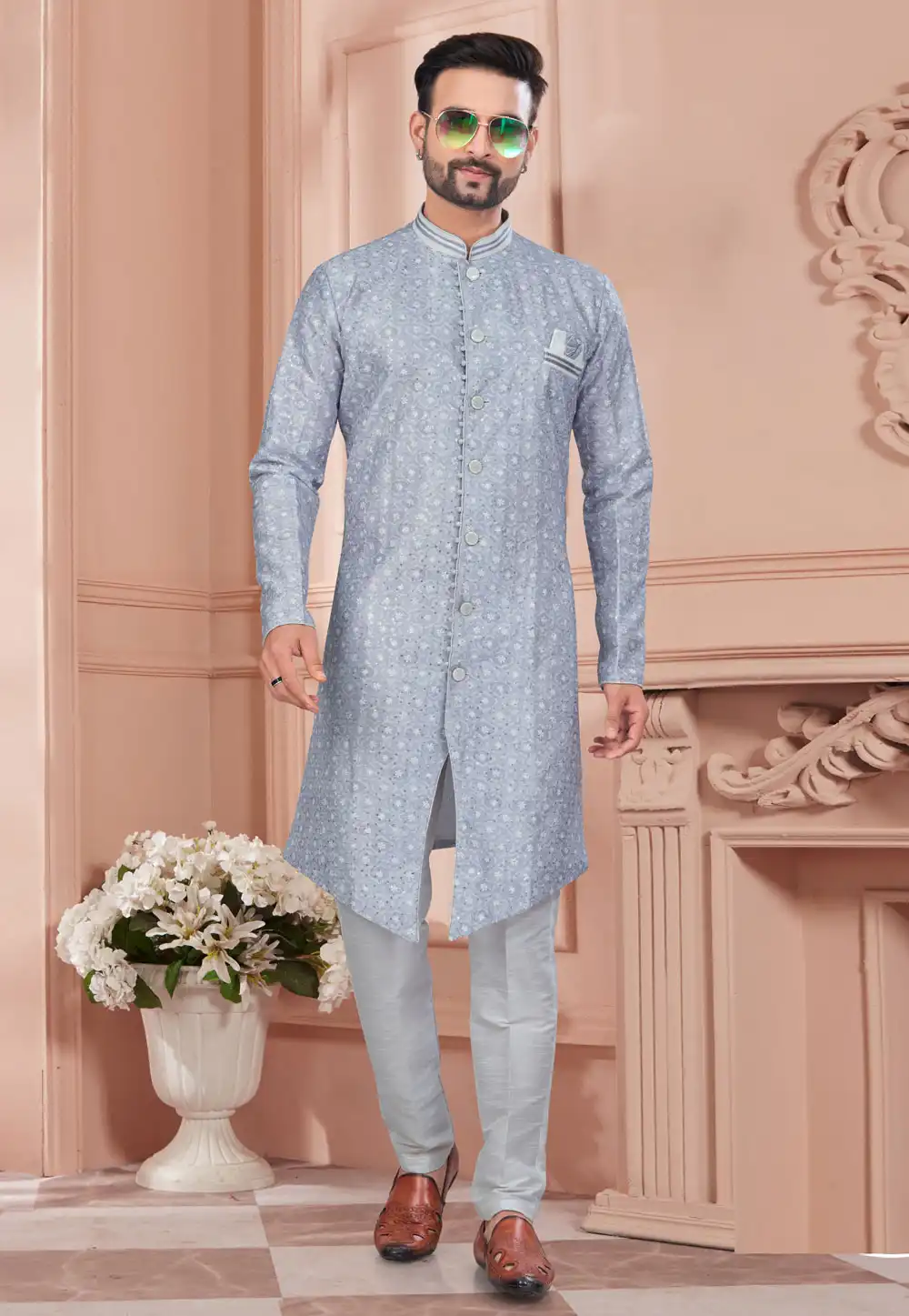 Grey Silk Indo Western Suit 294534