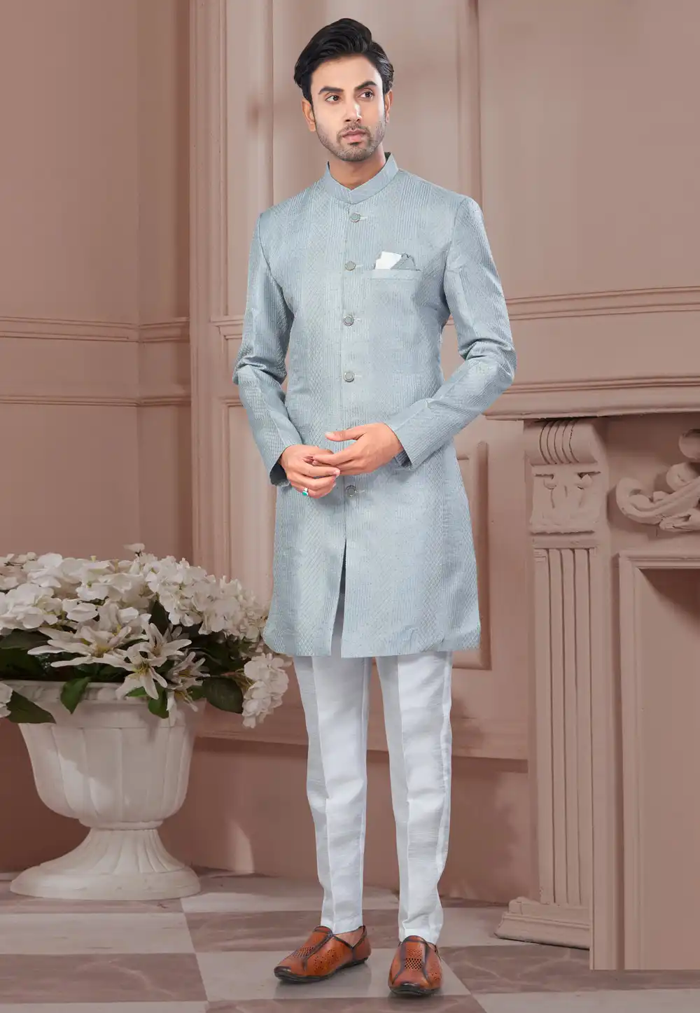 Grey Silk Indo Western Suit 294552