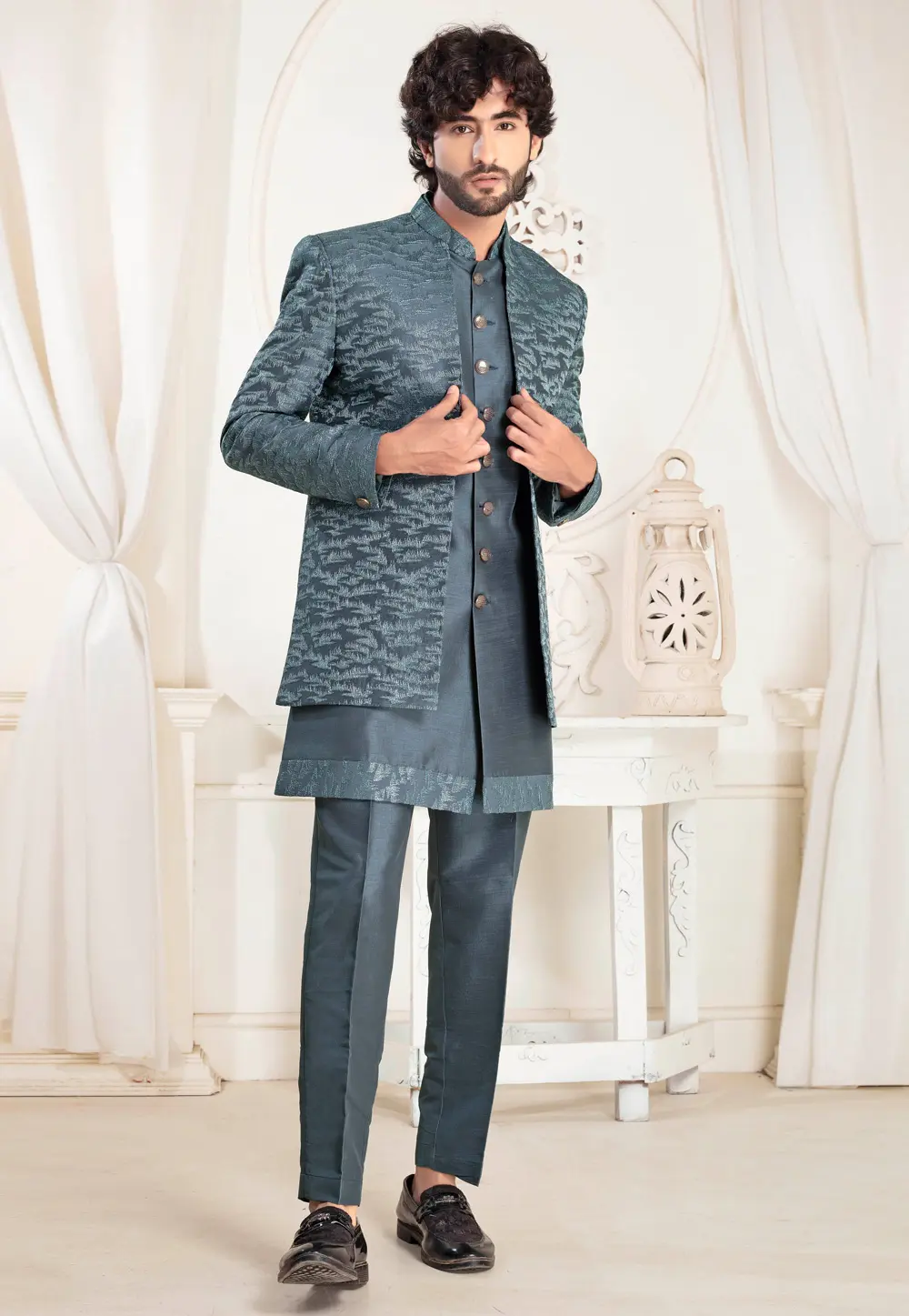 Grey Silk Jacket Style Sherwani 302164