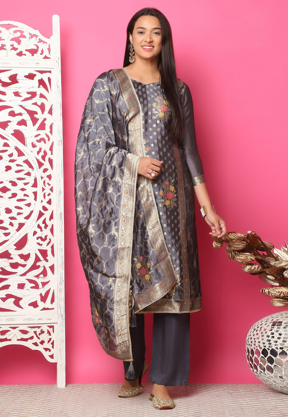 Grey Silk Jacquard Pakistani Suit 310132