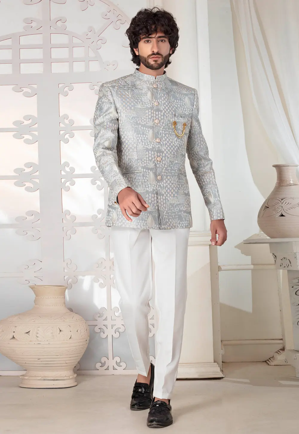 Grey Silk Jodhpuri Suit 302158