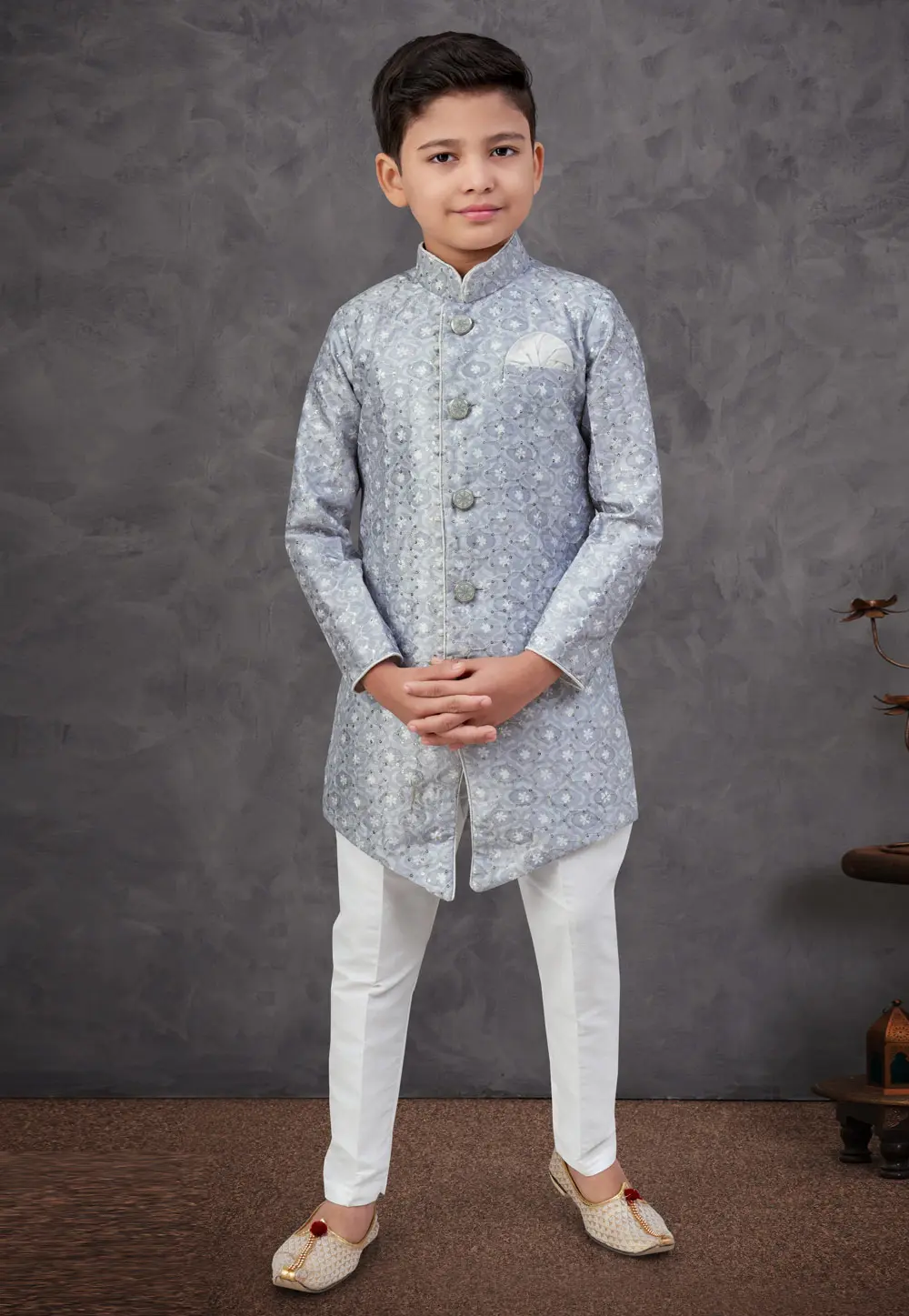 Grey Silk Kids Indo Western Sherwani 301332