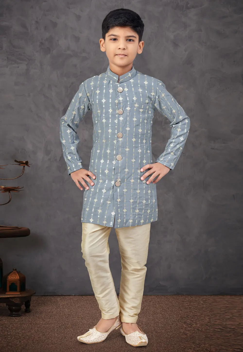 Grey Silk Kids Indo Western Sherwani 303785