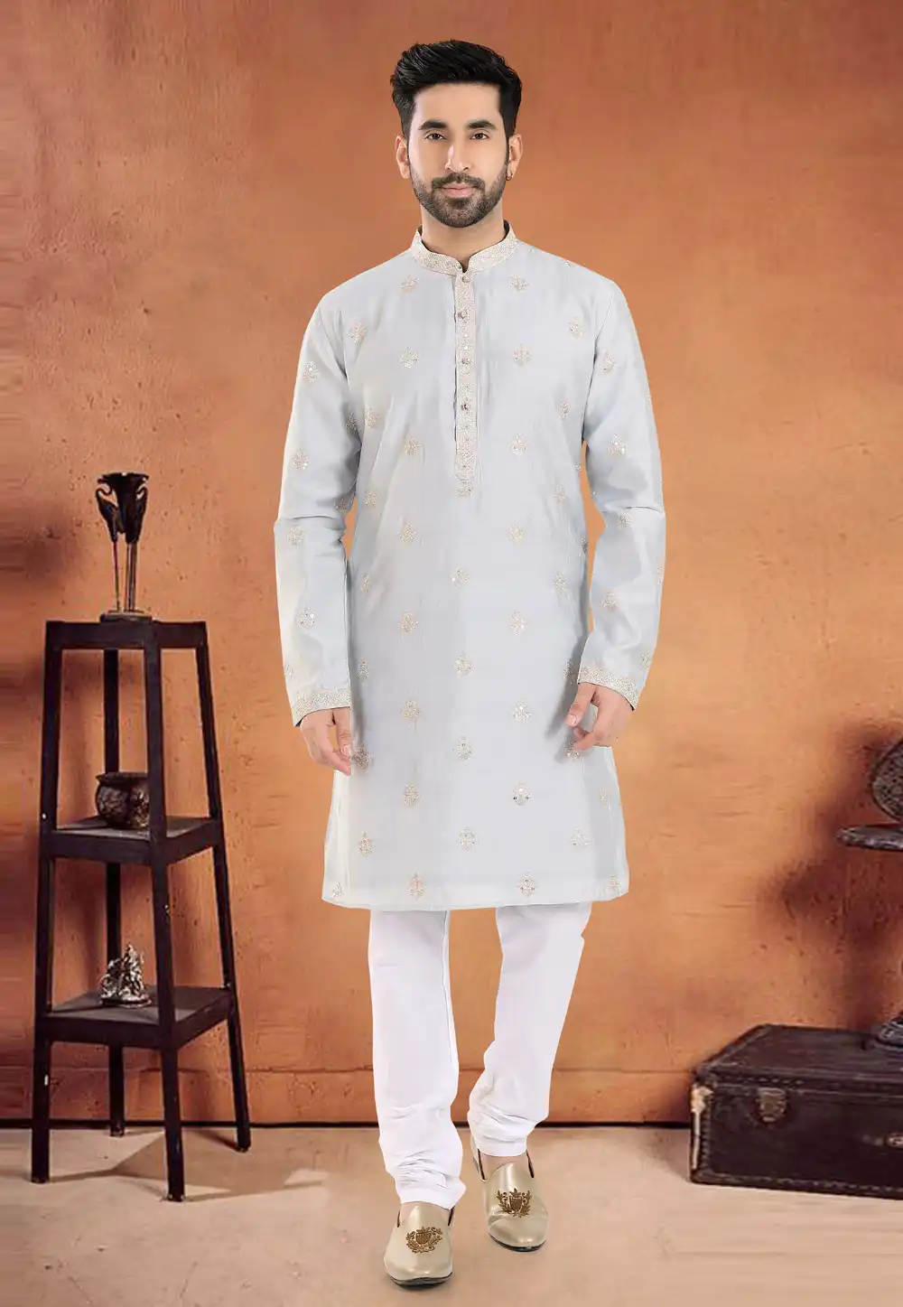 Grey Silk Kurta Pajama 290569