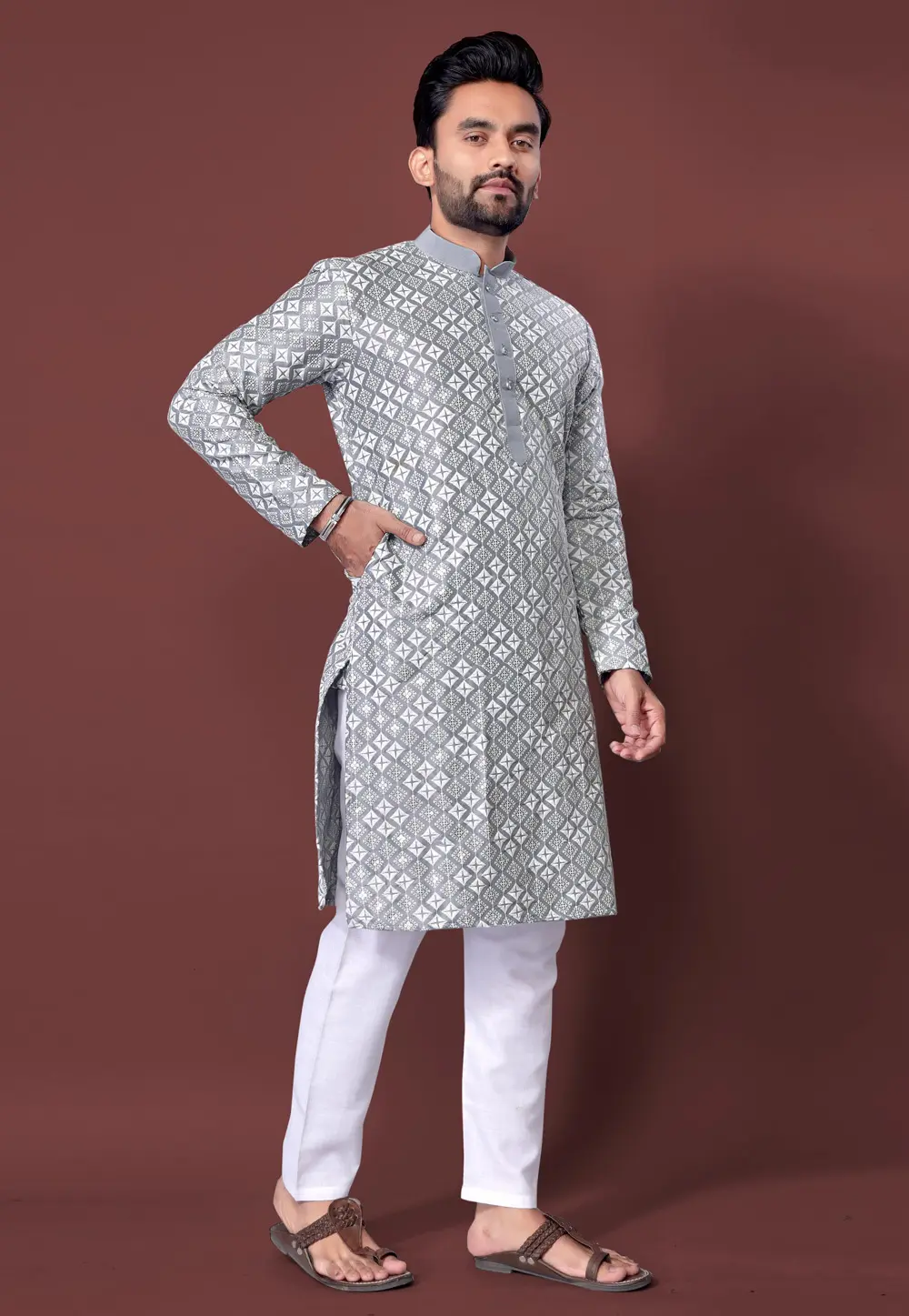 Grey Silk Kurta Pajama 300456