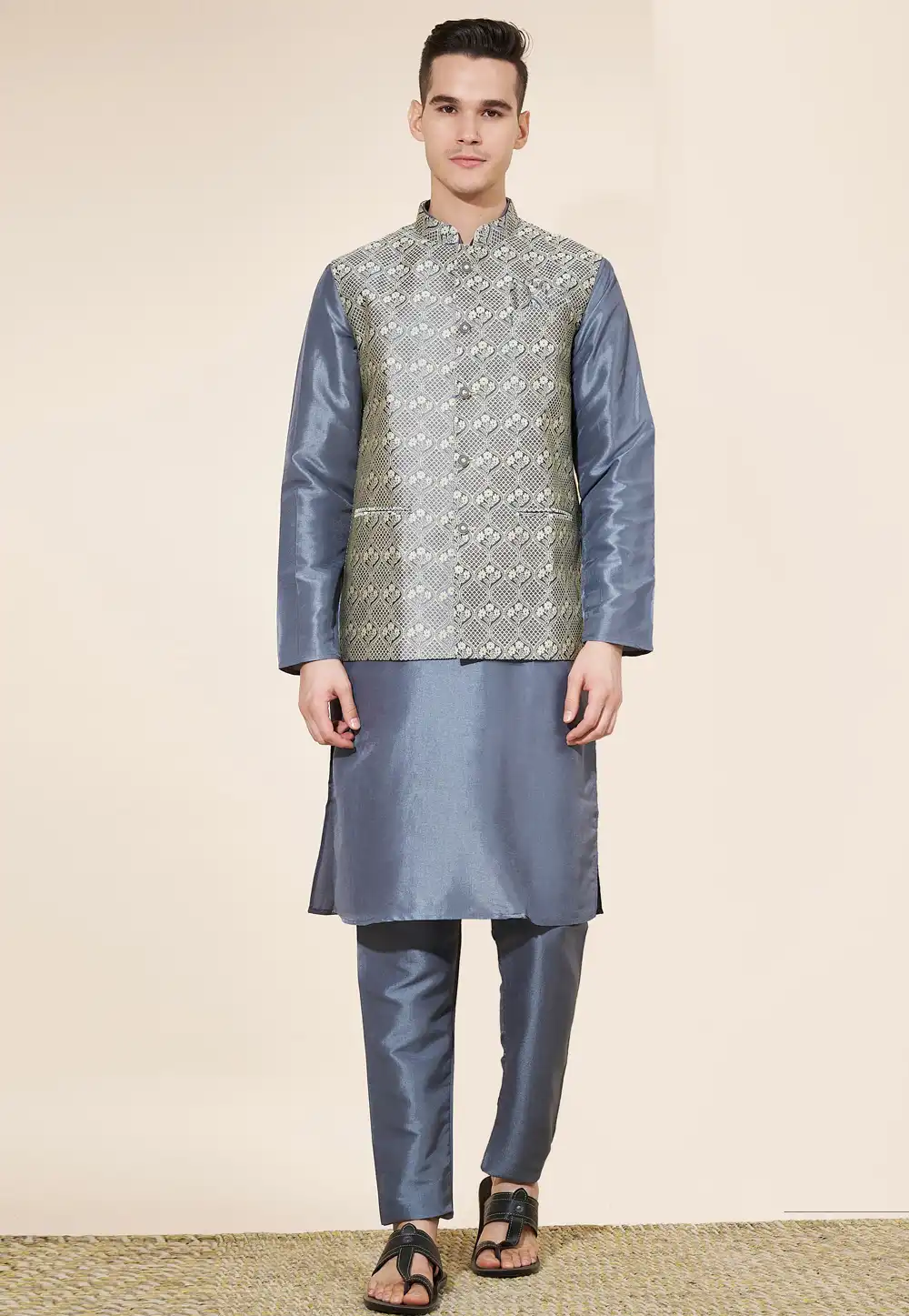 Grey Silk Kurta Pajama With Jacket 287886