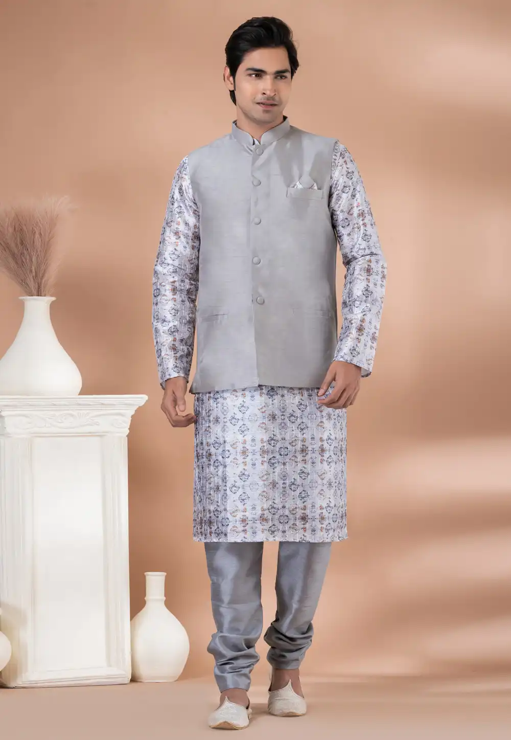 Grey Silk Kurta Pajama With Jacket 288690