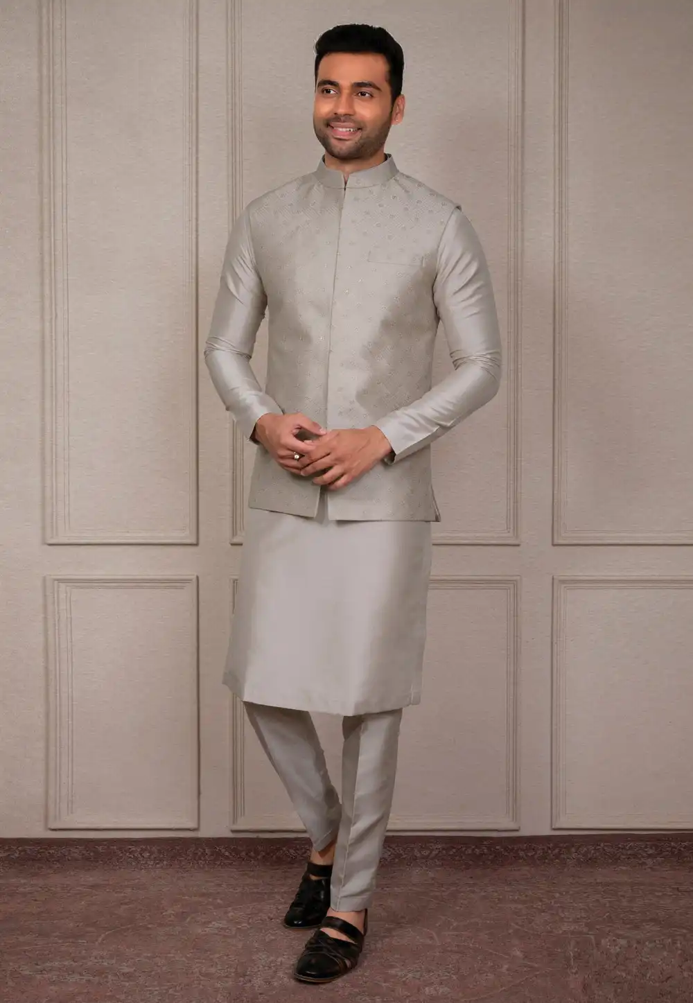 Grey Silk Kurta Pajama With Jacket 293908