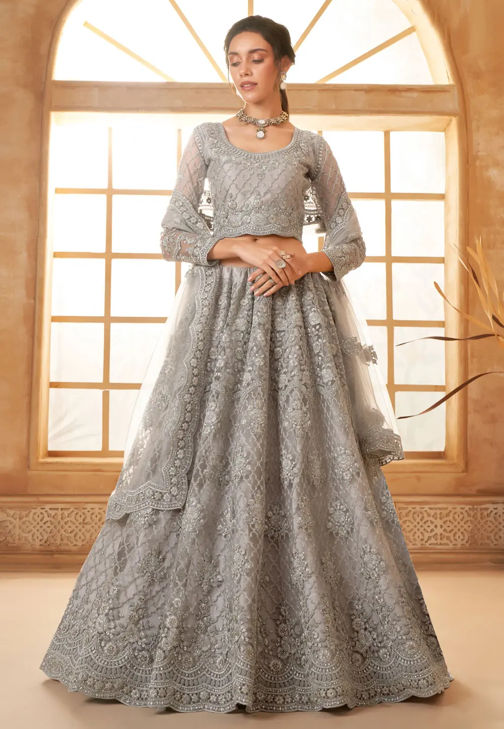 Grey Silk Net Circular Lehenga Choli 297588