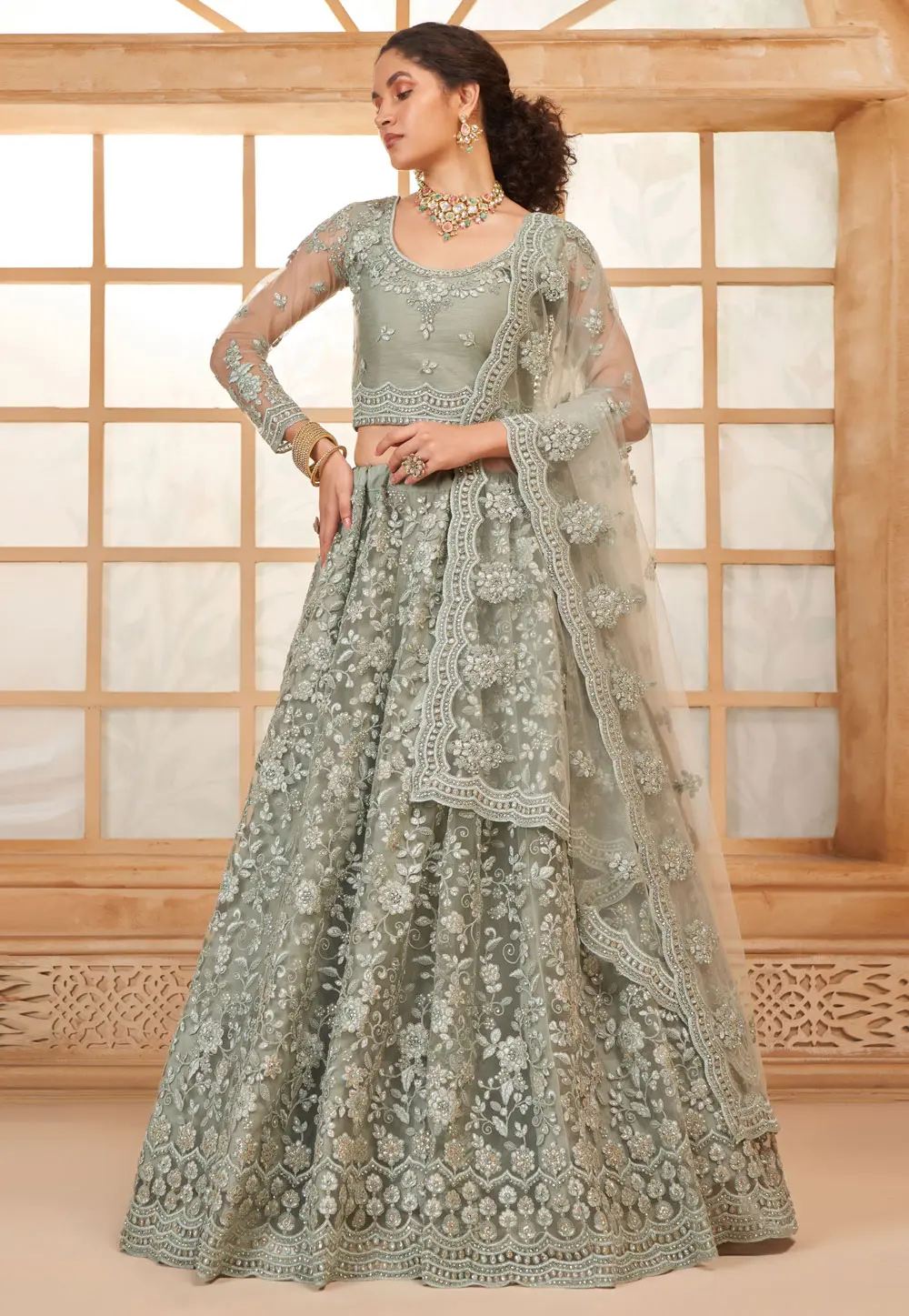 Grey Silk Net Wedding Lehenga Choli 297586