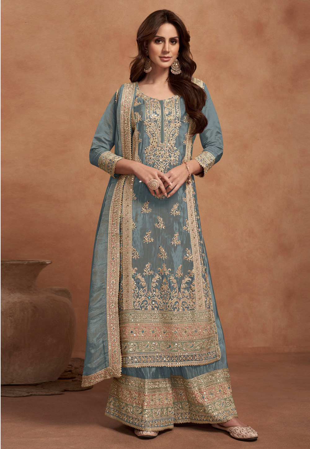 Grey Silk Palazzo Suit 308411