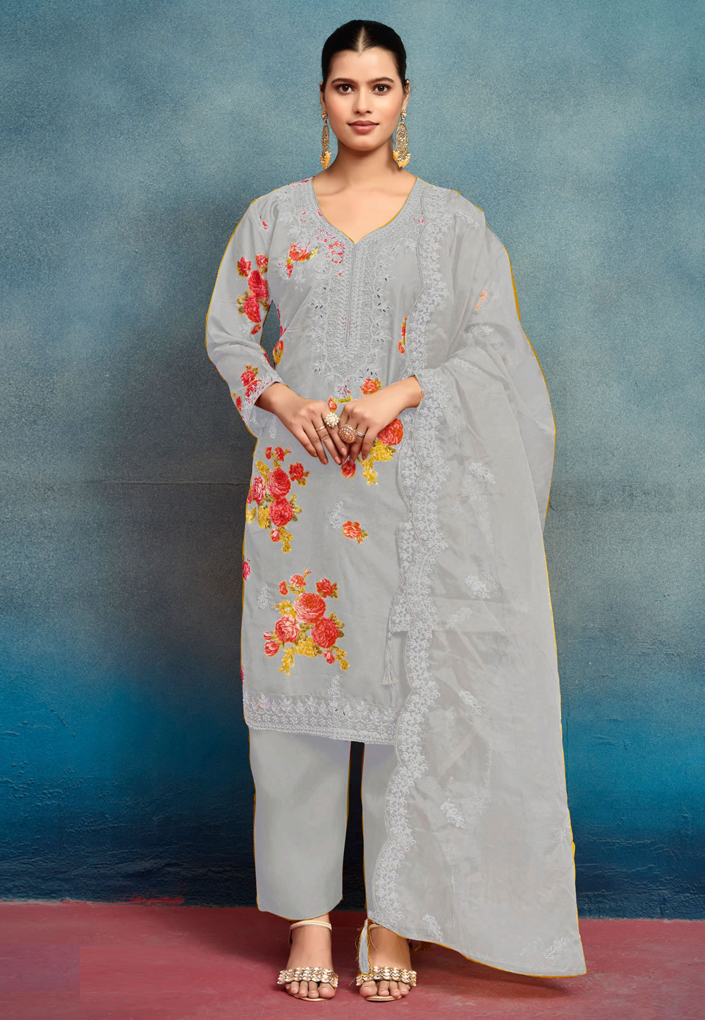 Grey Silk Readymade Pakistani Suit 309732