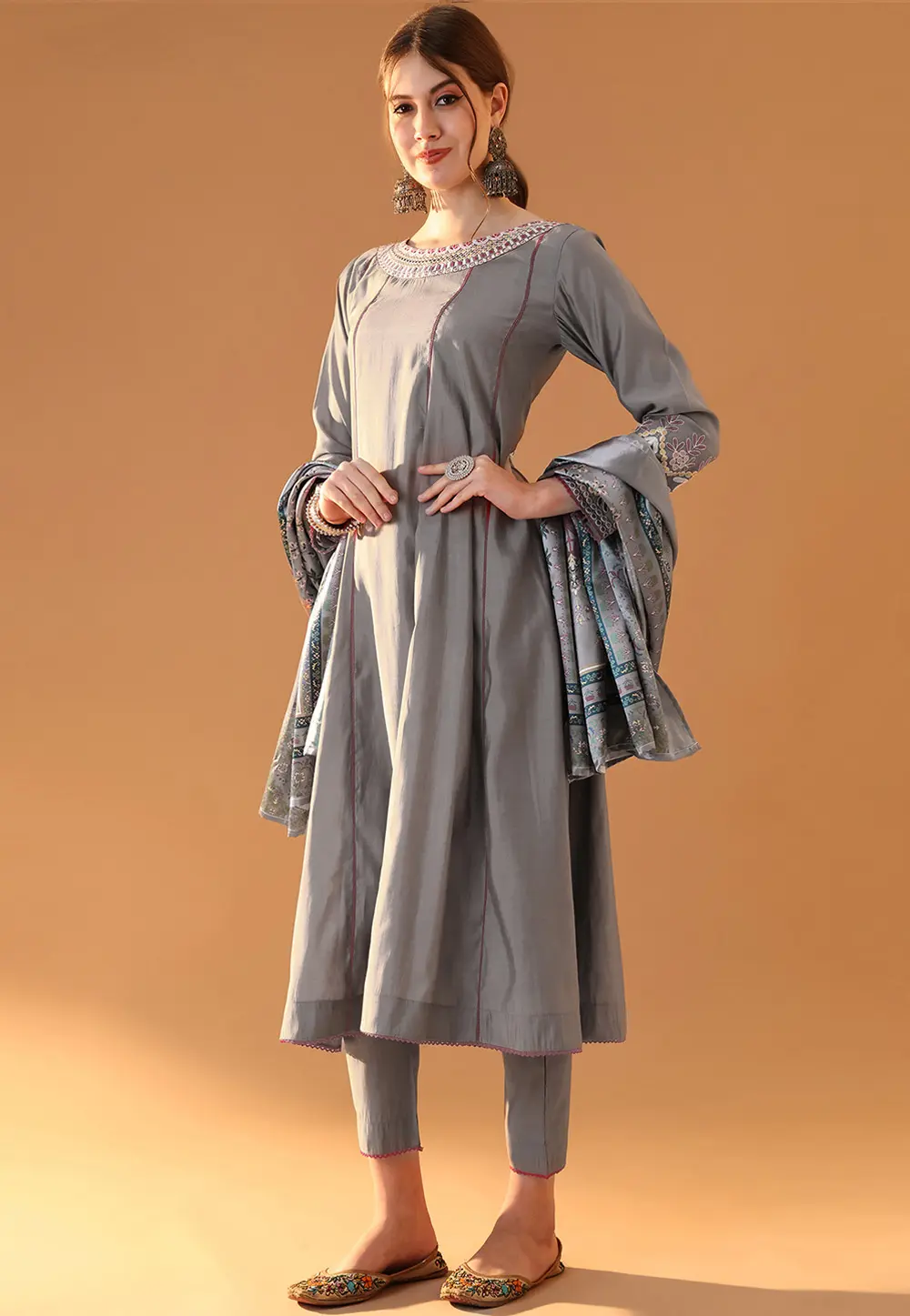 Grey Silk Readymade Pakistani Suit 301911