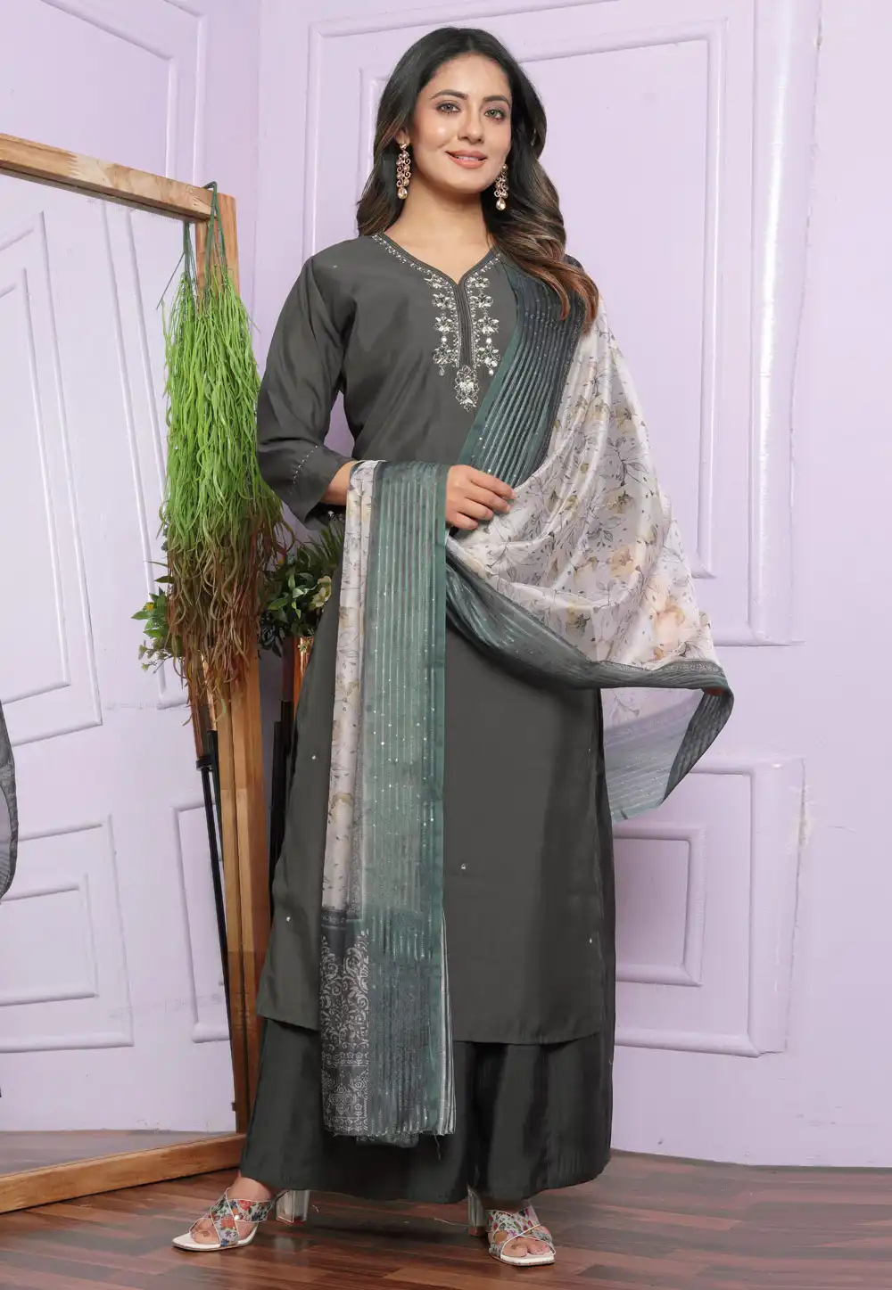 Grey Silk Readymade Palazzo Suit 289446