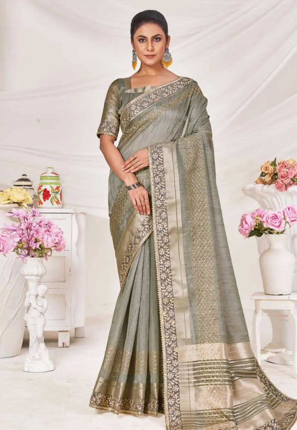 Grey Silk Saree With Blouse 301708