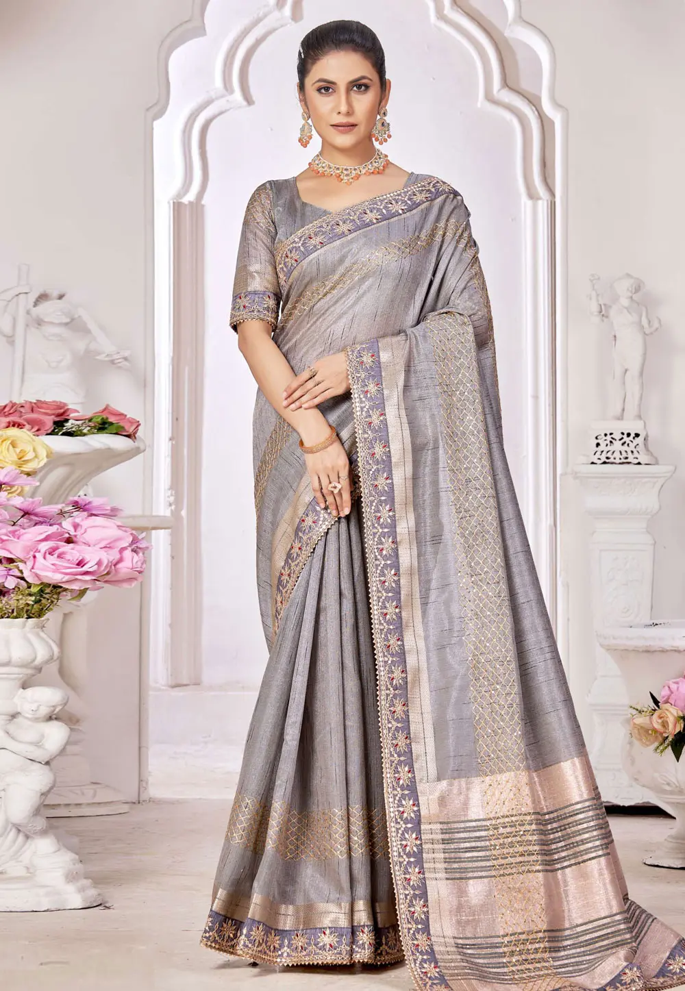 Grey Silk Saree With Blouse 301726