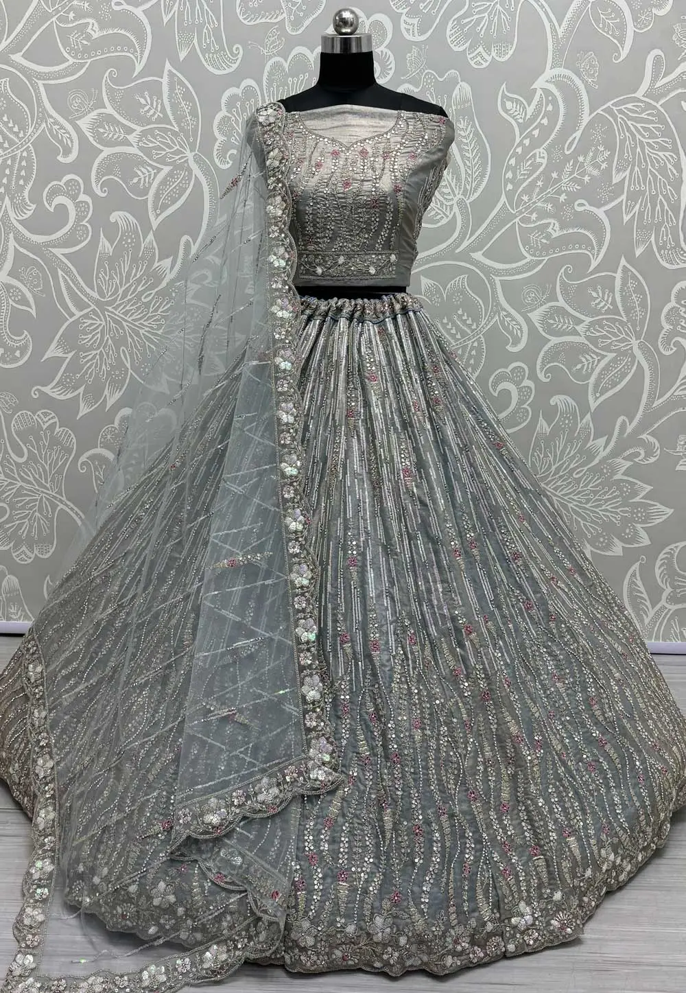 Grey Silk Wedding Lehenga Choli 295554