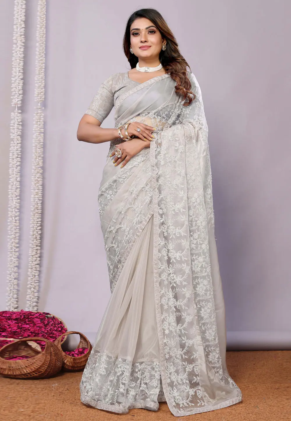 Grey Tissue Saree With Blouse 300590