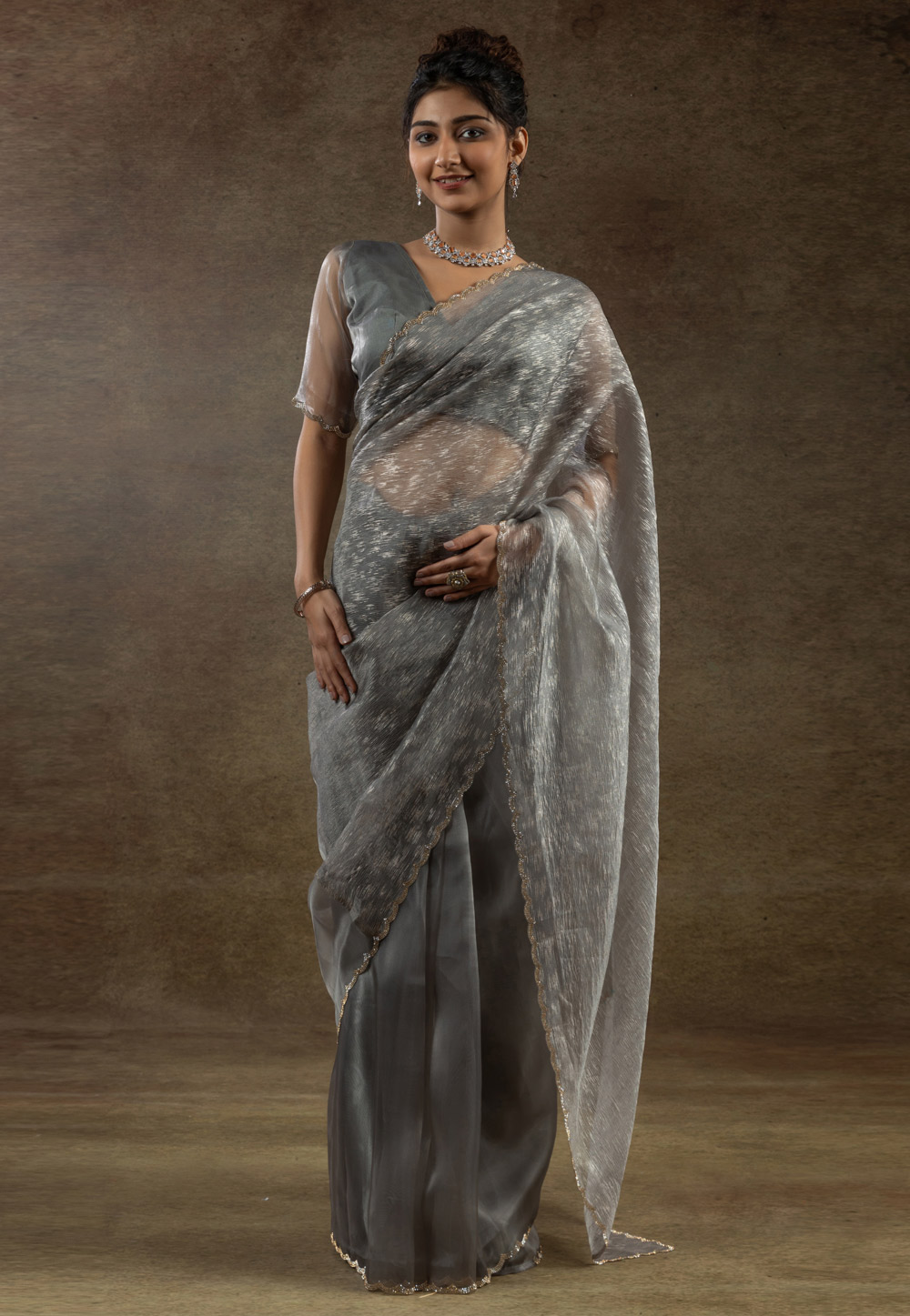 Grey Tissue Saree With Blouse 309370