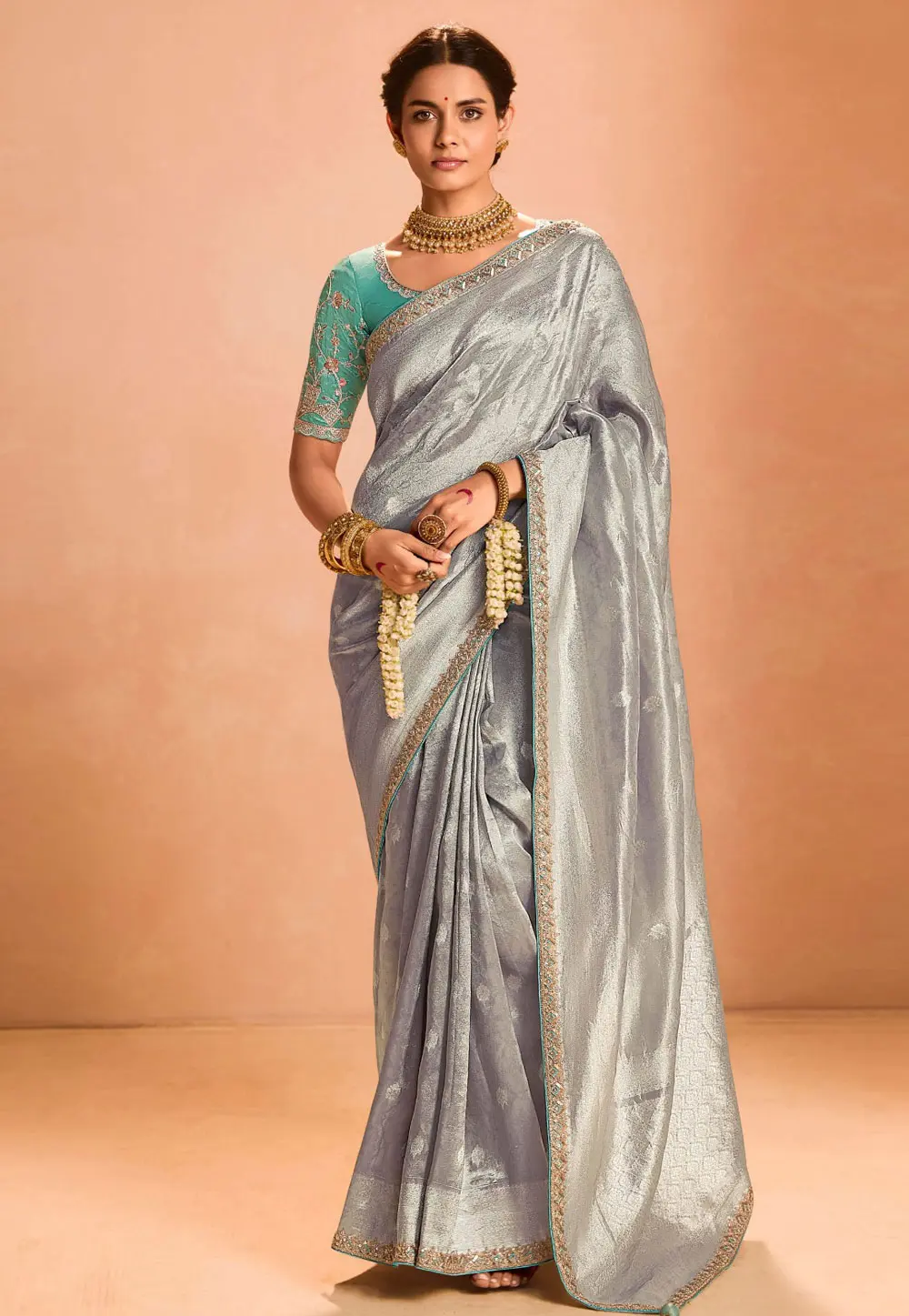 Grey Tissue Silk Saree With Blouse 302050