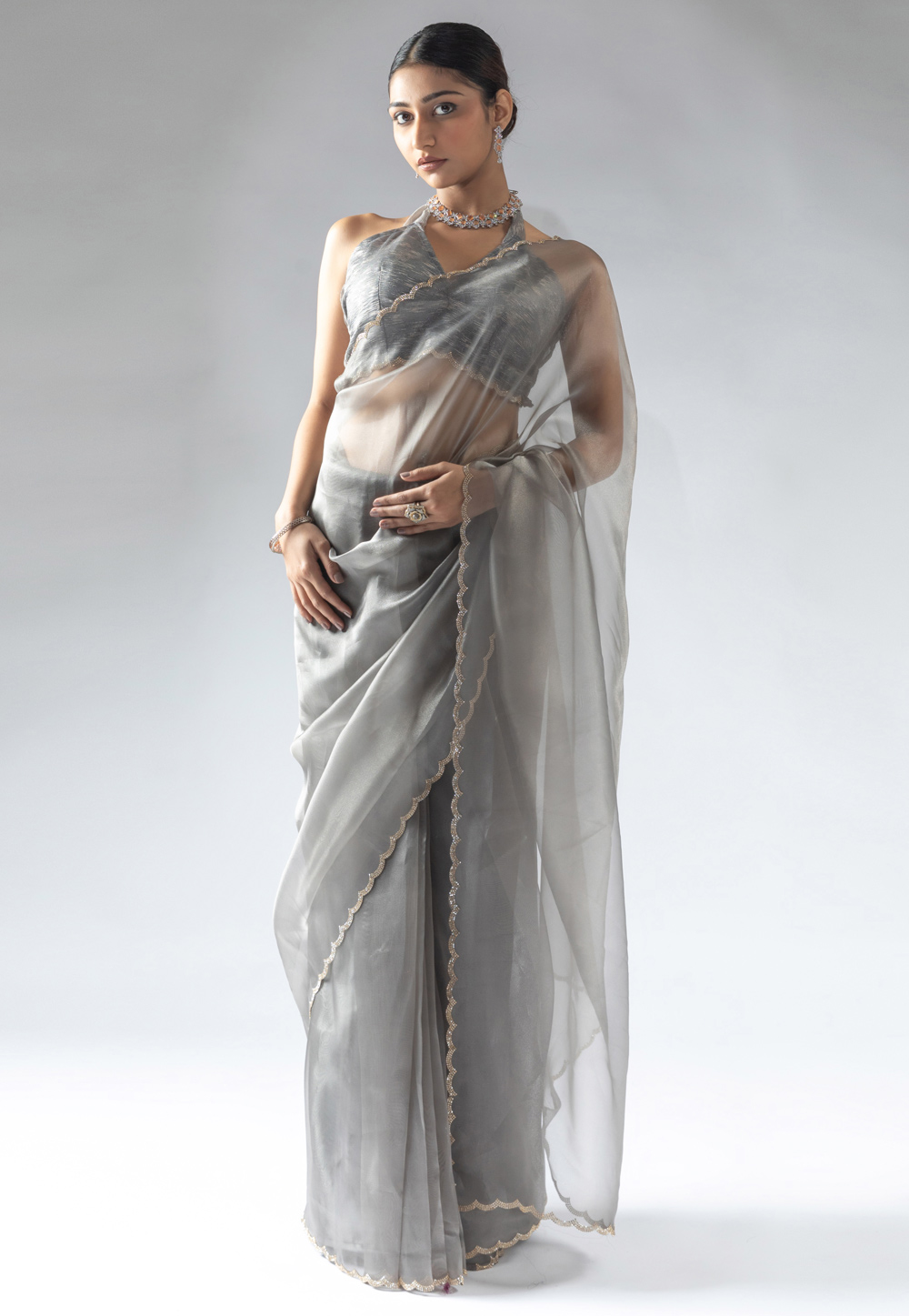 Grey Tissue Silk Saree With Blouse 309359