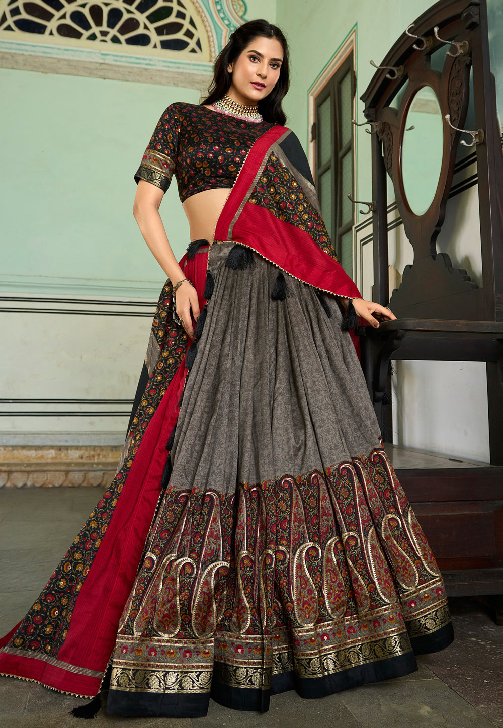 Grey Tussar Silk Circular Lehenga Choli 286173