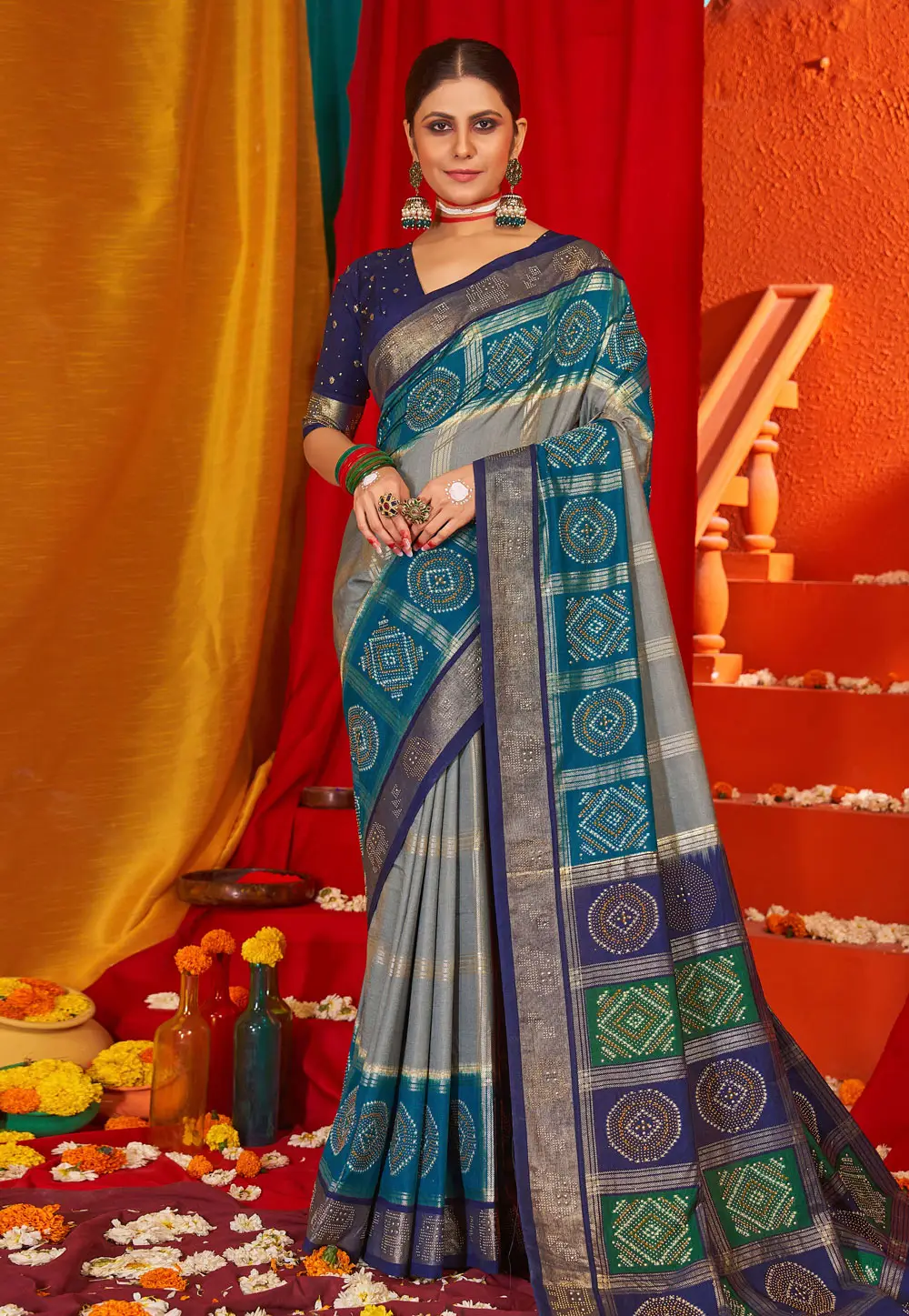 Grey Tussar Silk Half N Half Saree 296093