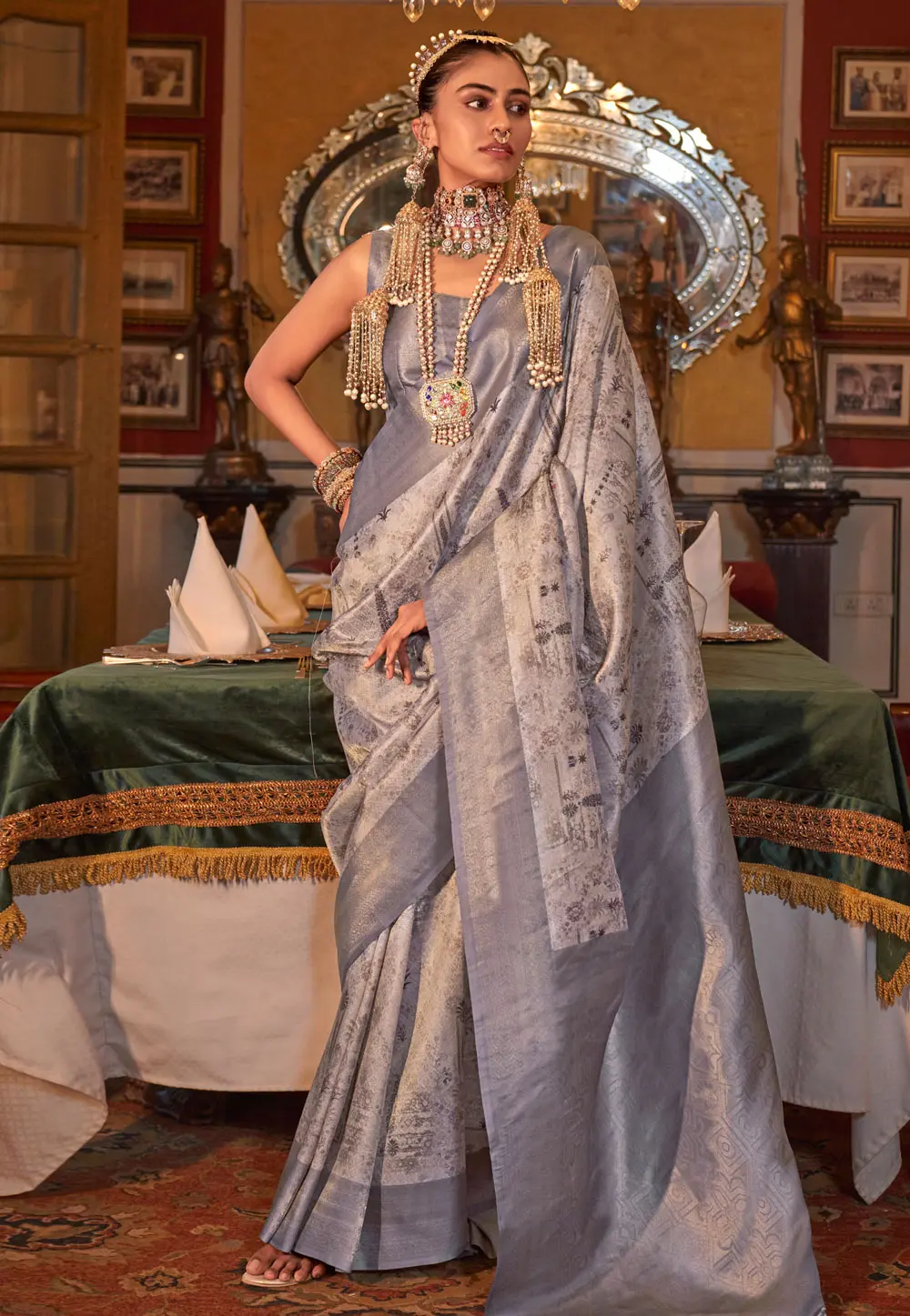 Grey Tussar Silk Saree With Blouse 297732